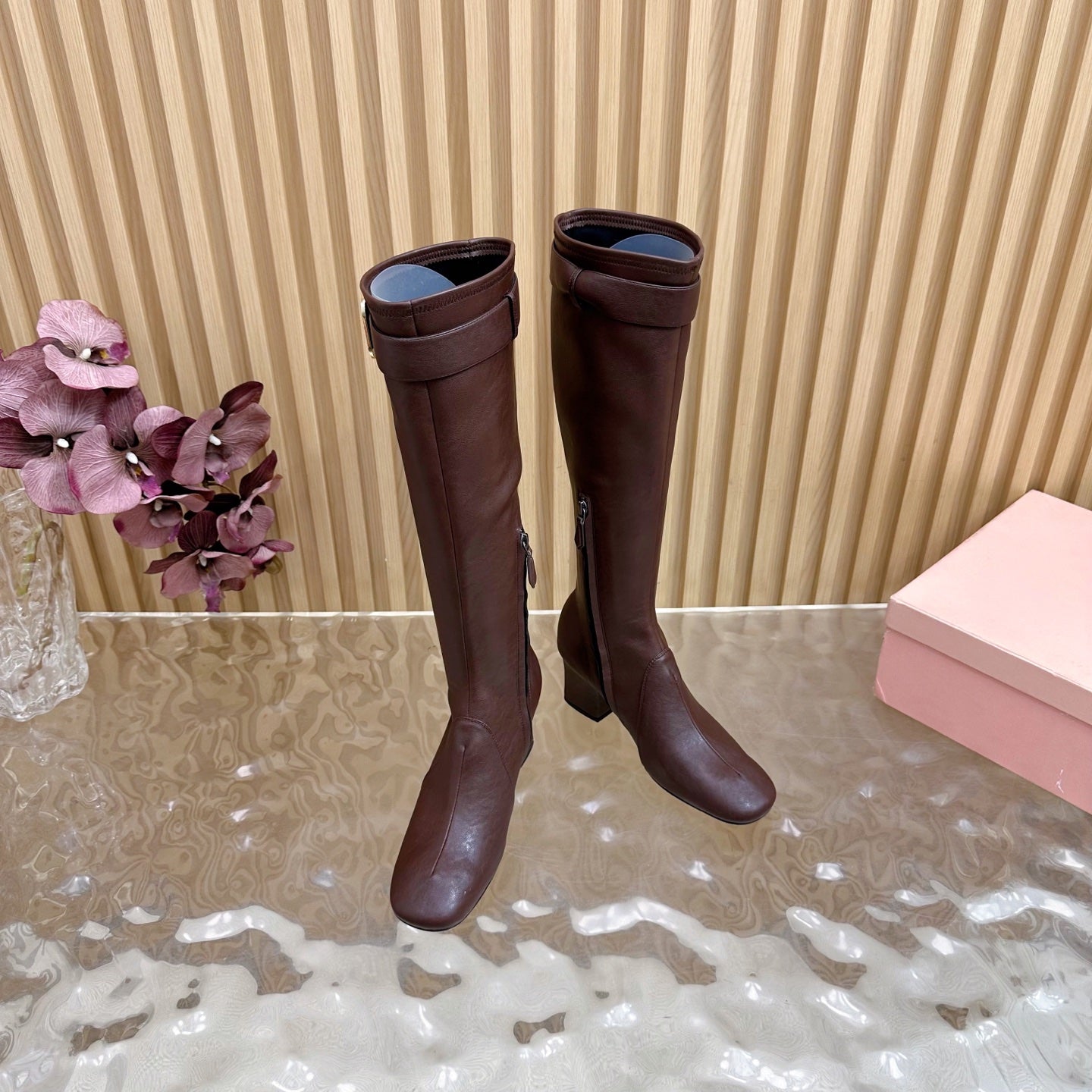 Miu Boots With Buckle Deep Reddish Brown Nappa Leather 498181