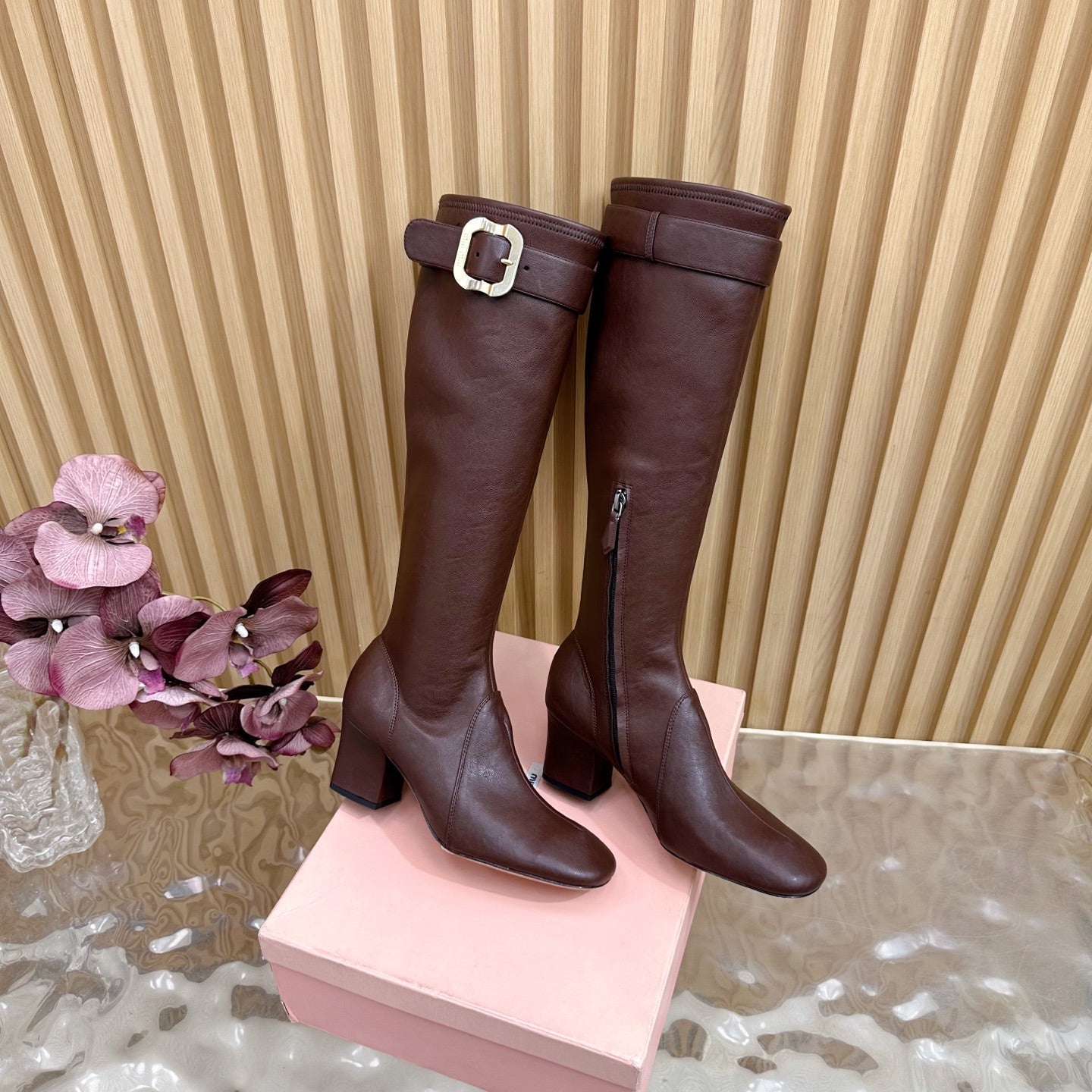 Miu Boots With Buckle Deep Reddish Brown Nappa Leather 498181