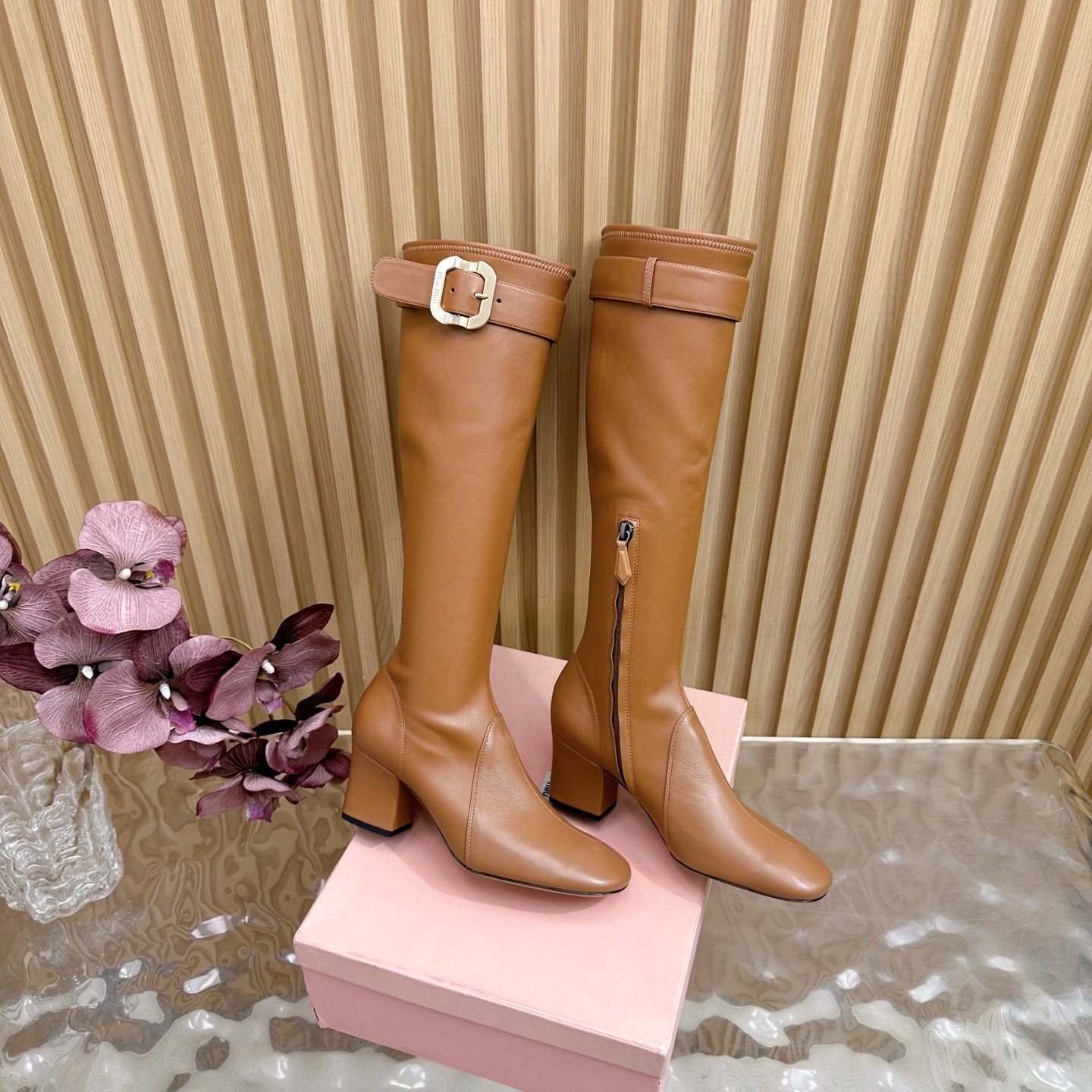Miu Boots With Buckle Camel Nappa Leather 498182