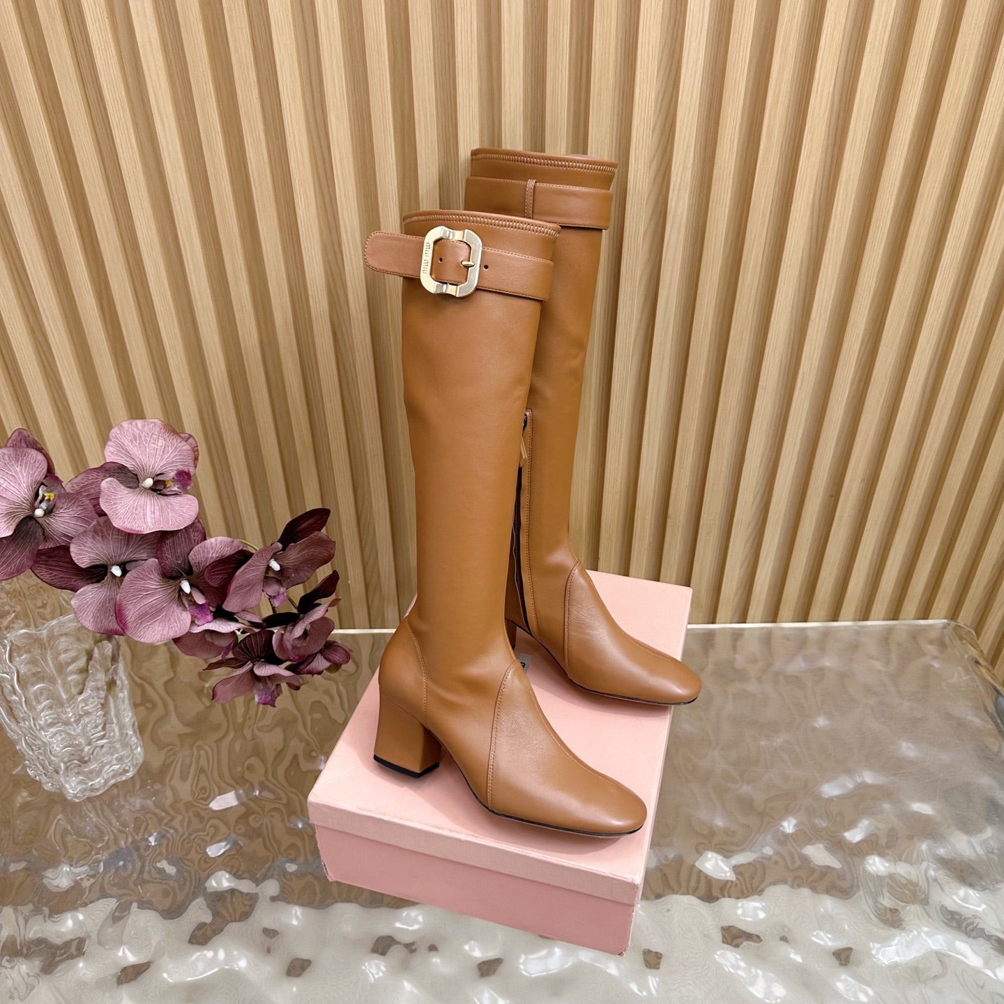 Miu Boots With Buckle Camel Nappa Leather 498182