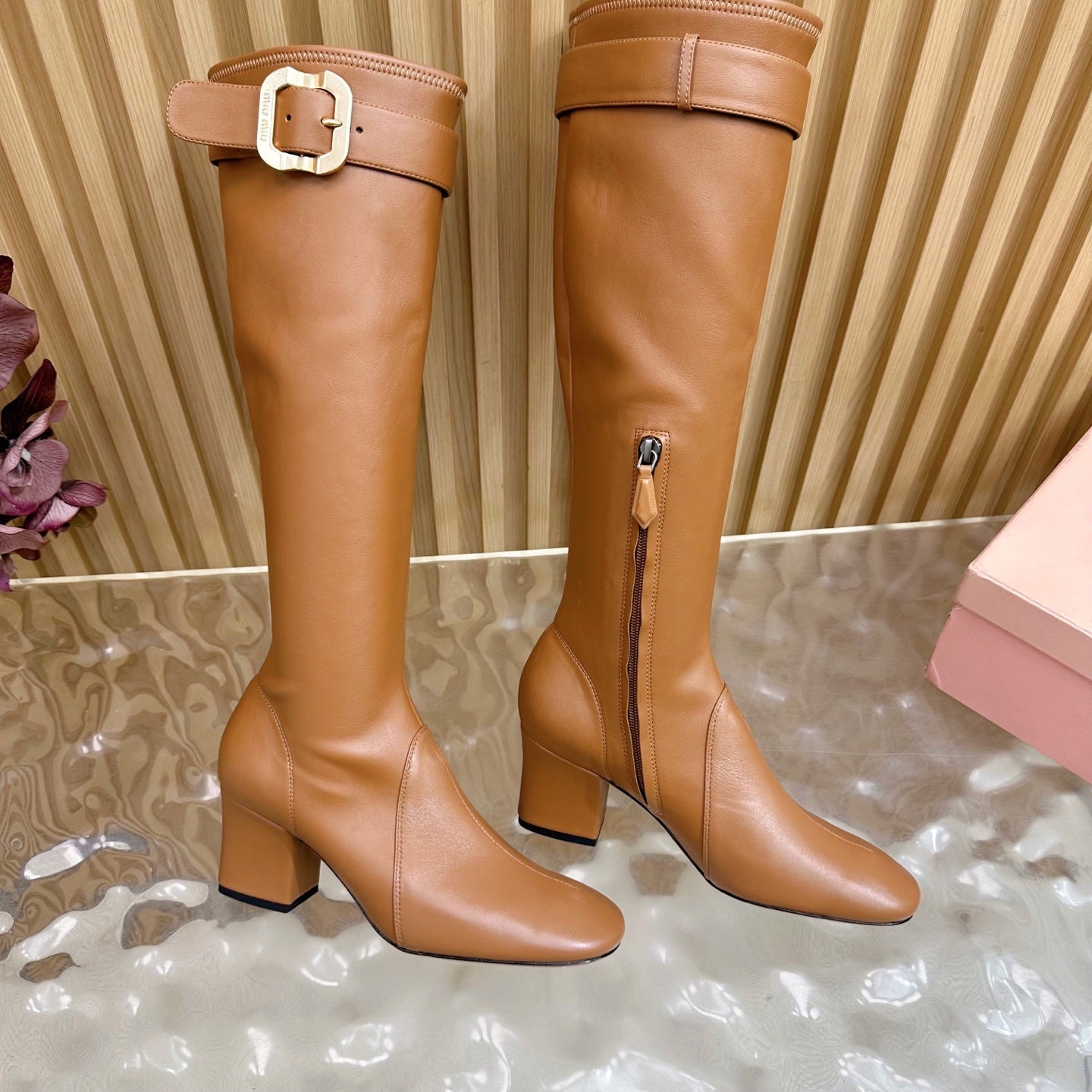 Miu Boots With Buckle Camel Nappa Leather 498182