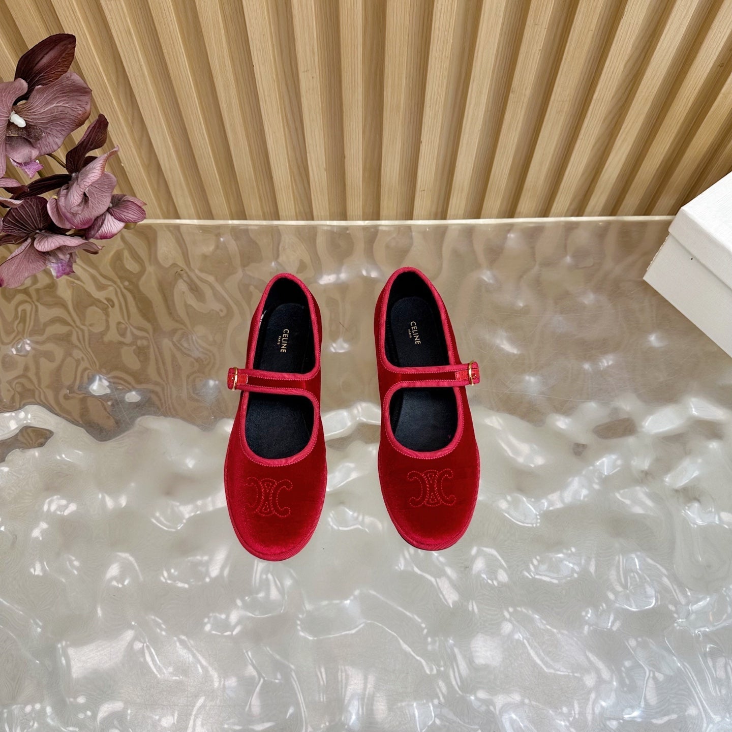 Celine 26s Mary Jane Flats In Red Velvet