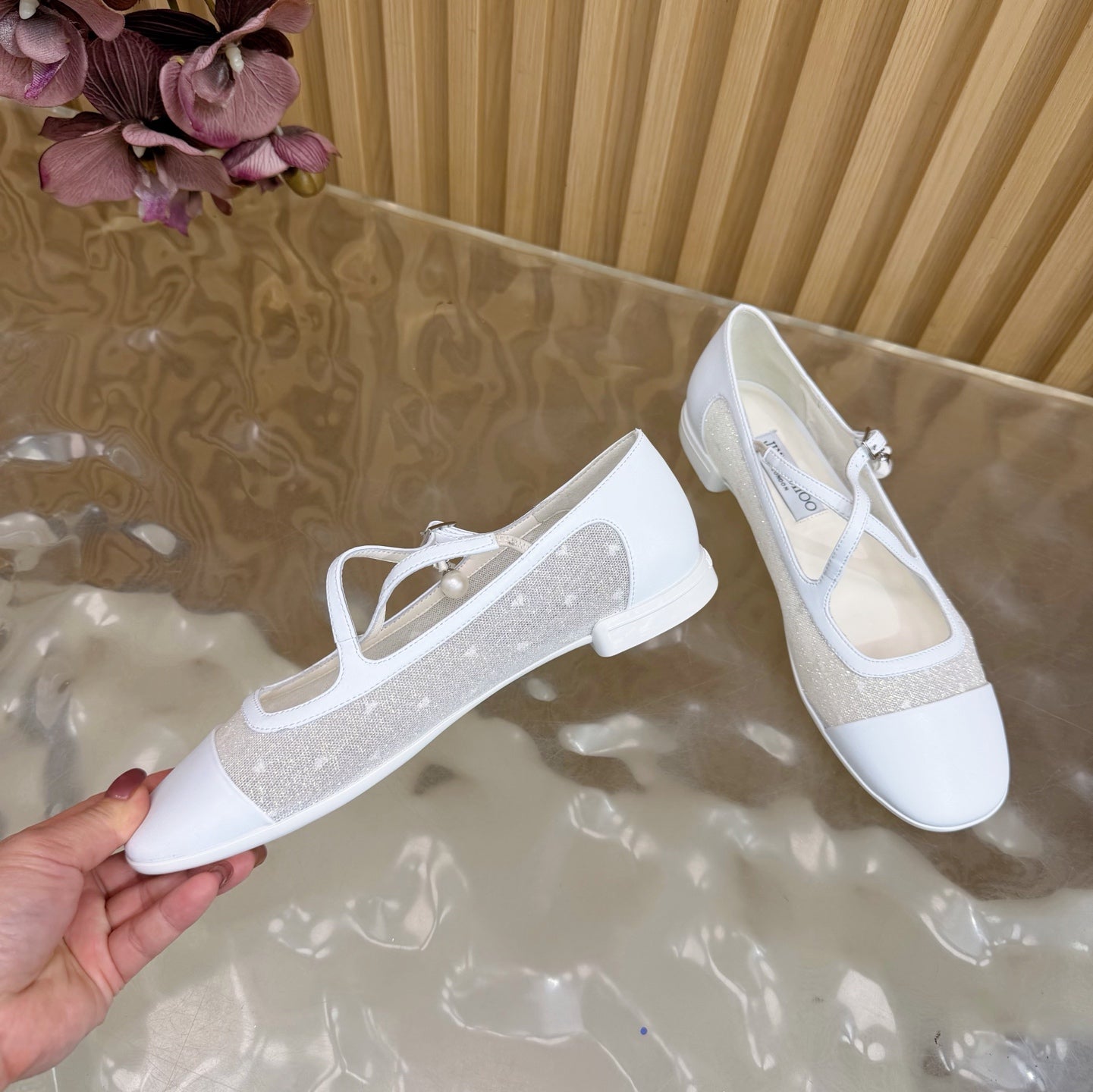 Jimmy Choo Mary Jane Flat Shoes White Mesh Leather 537766