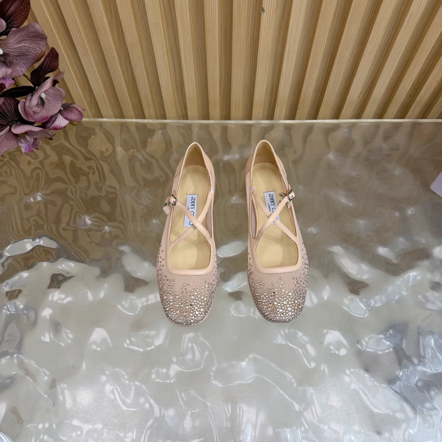 Jimmy Choo Mary Jane Flat Shoes Nude Mesh Cross Strap Pearl 537768