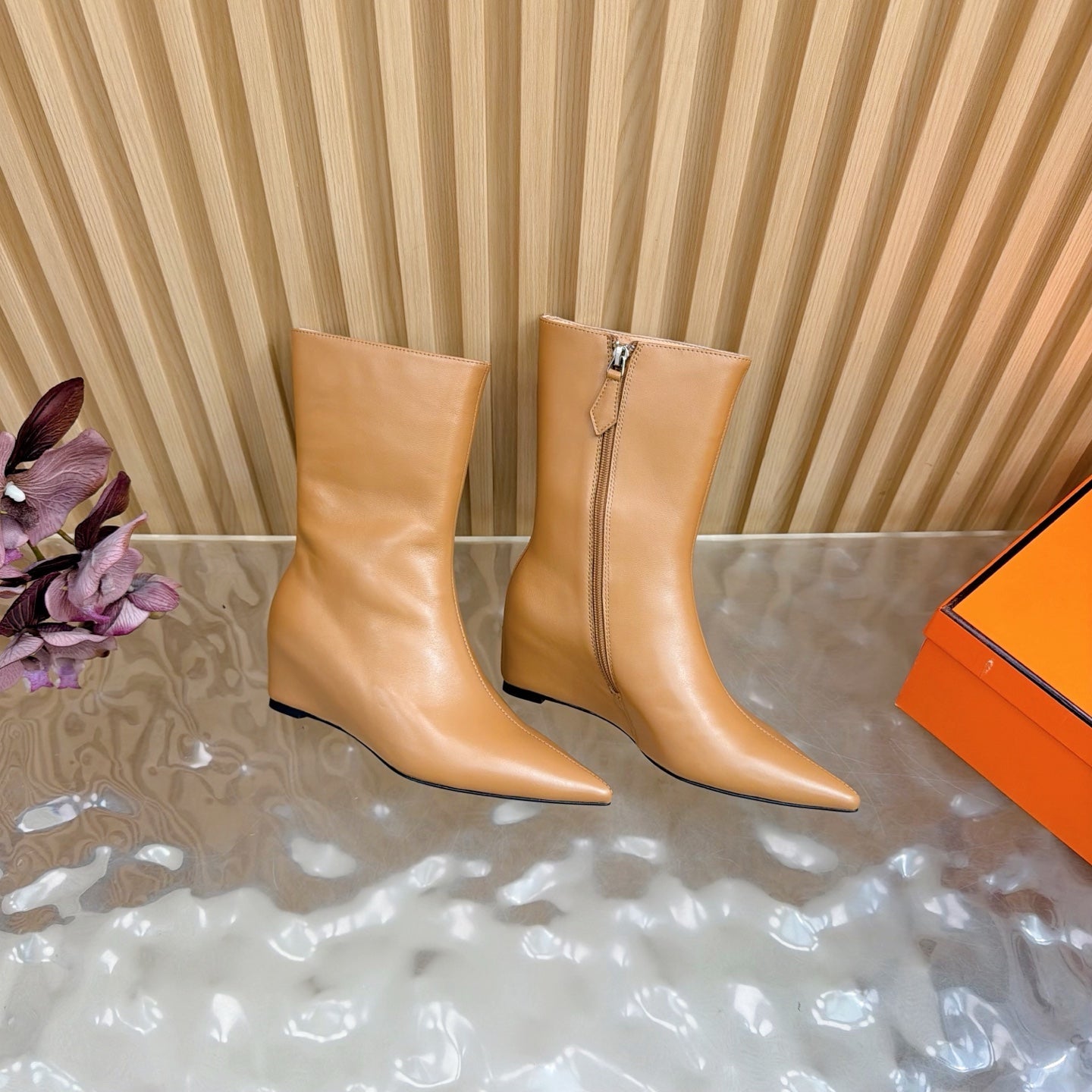 HM Leonie Ankle Boots 7cm Camel Sheepskin 589200