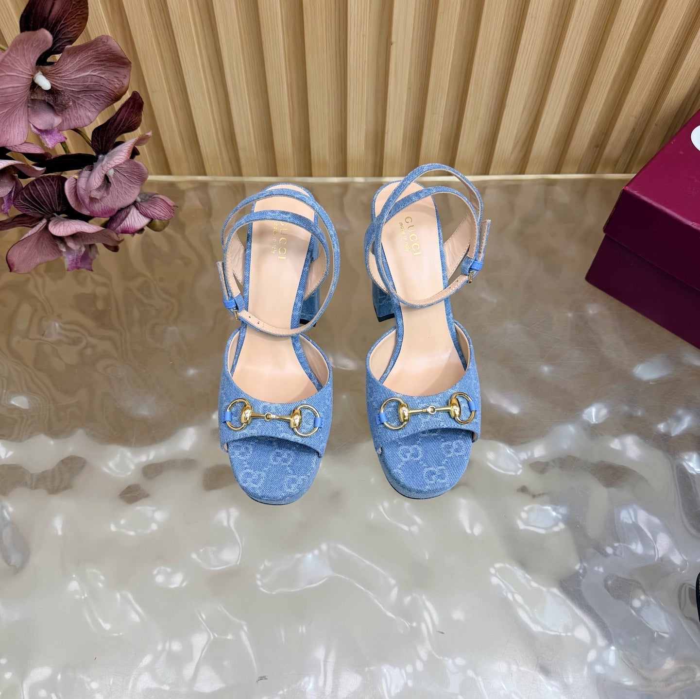 GG 26s Horsebit Platform Sandals 11cm Blue Suede 886502