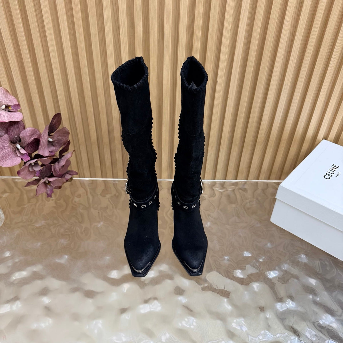 Celine 26s Western Knee-High Boots Black Suede 995403