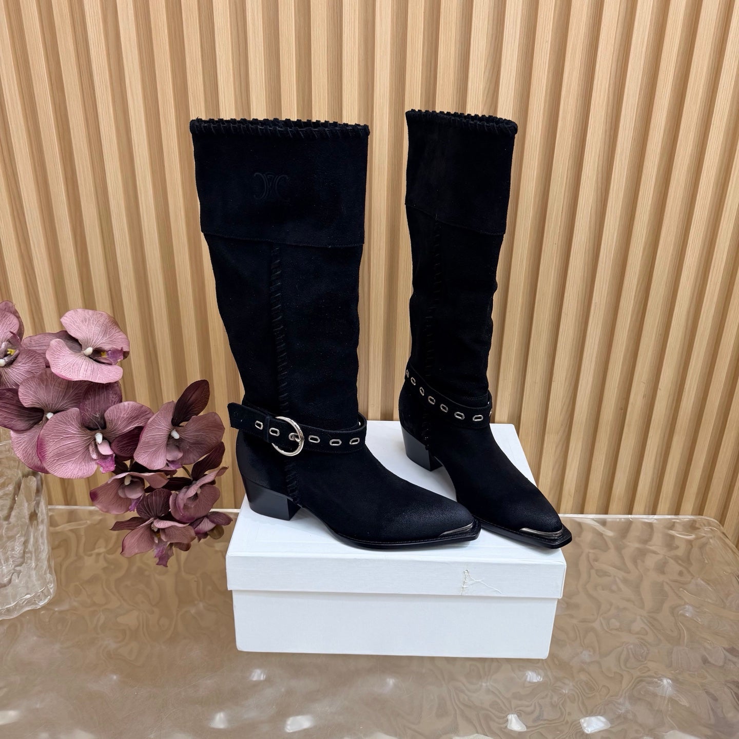 Celine 26s Western Knee-High Boots Black Suede 995403