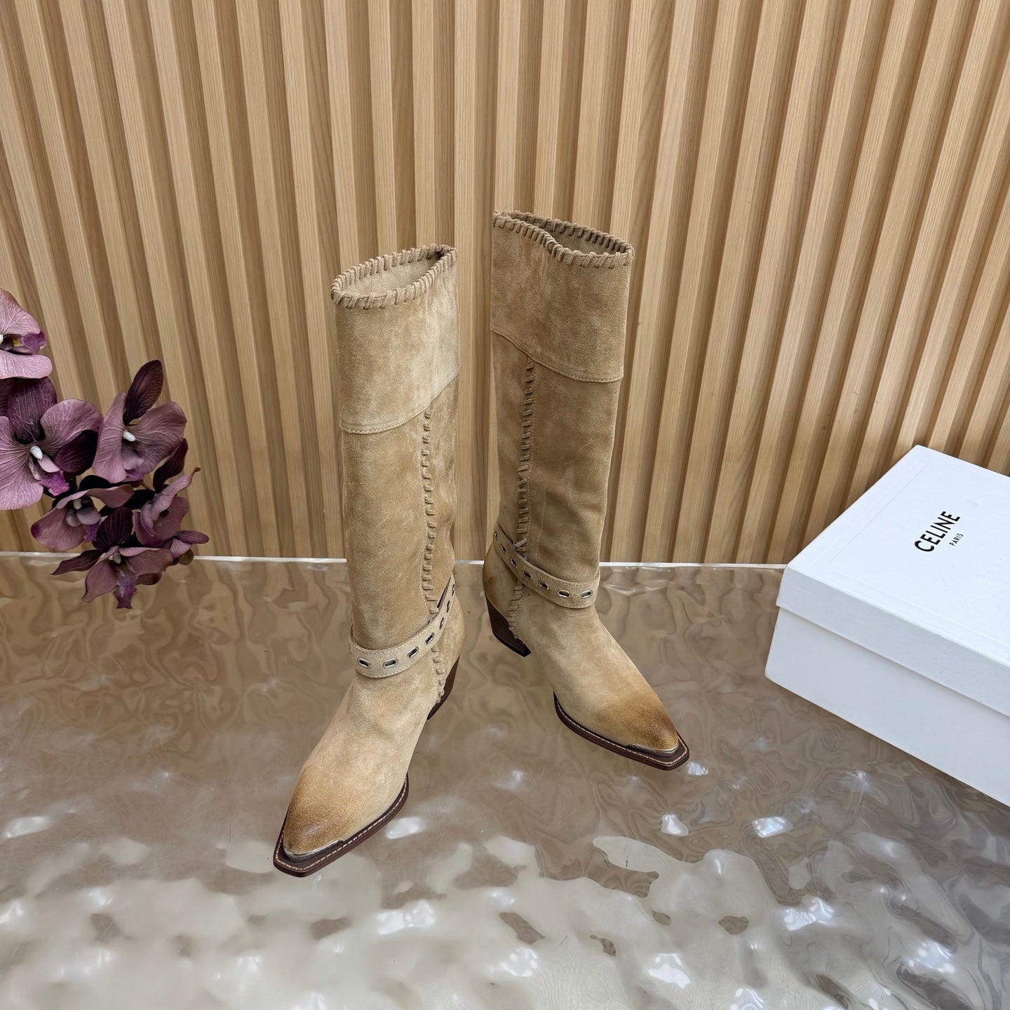 Celine 26s Western Knee-High Boots Khaki Suede 995404