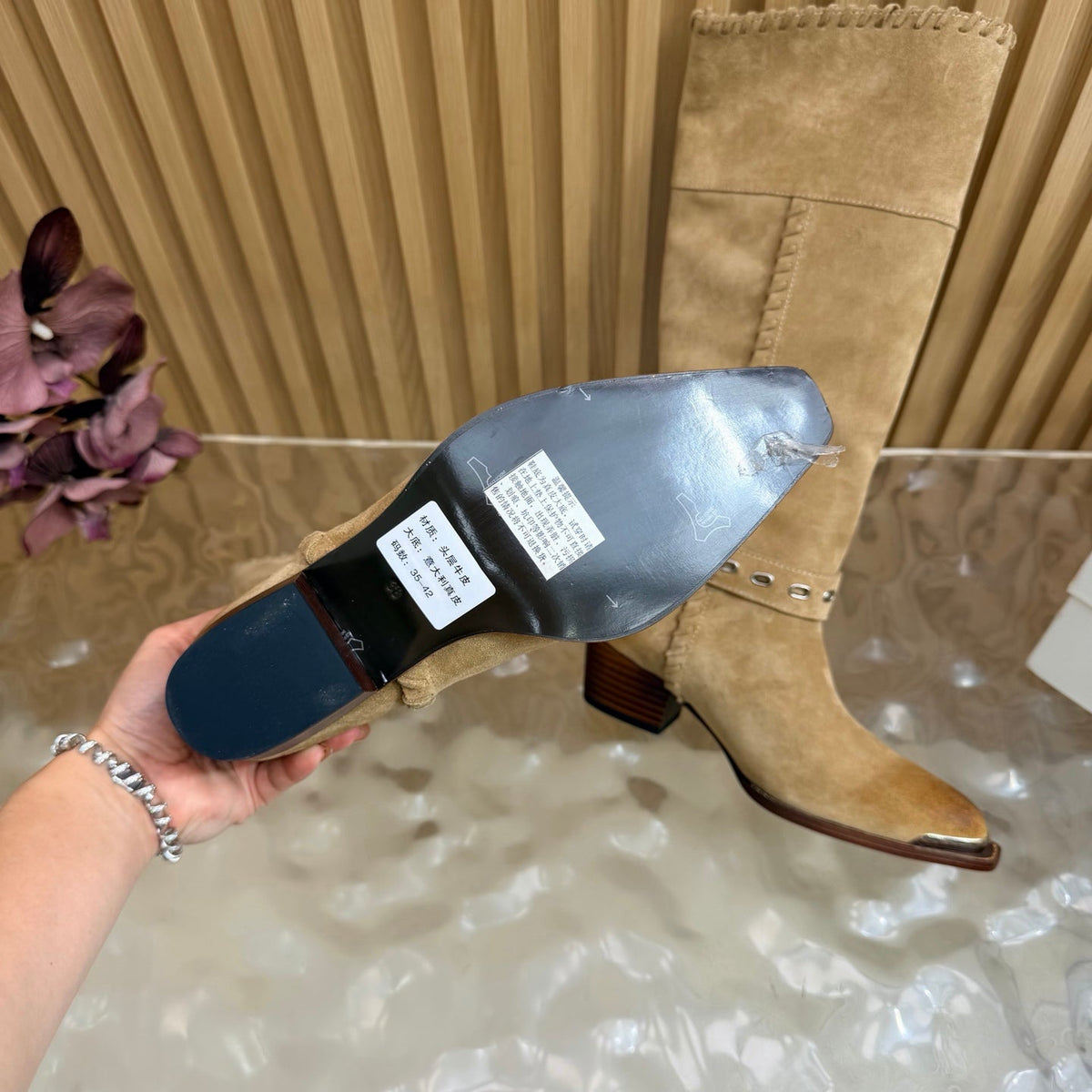 Celine 26s Western Knee-High Boots Khaki Suede 995404