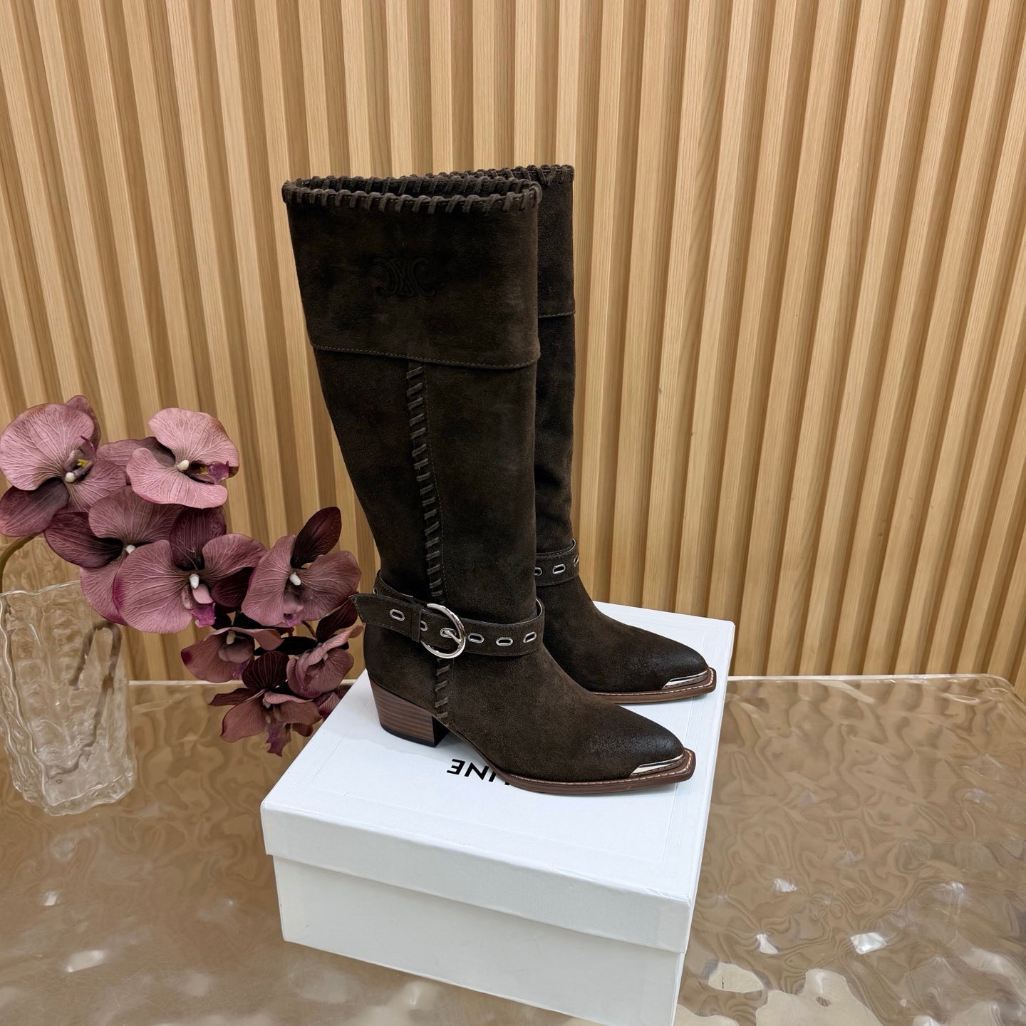 Celine 26s Western Knee-High Boots Coffee Suede 995405
