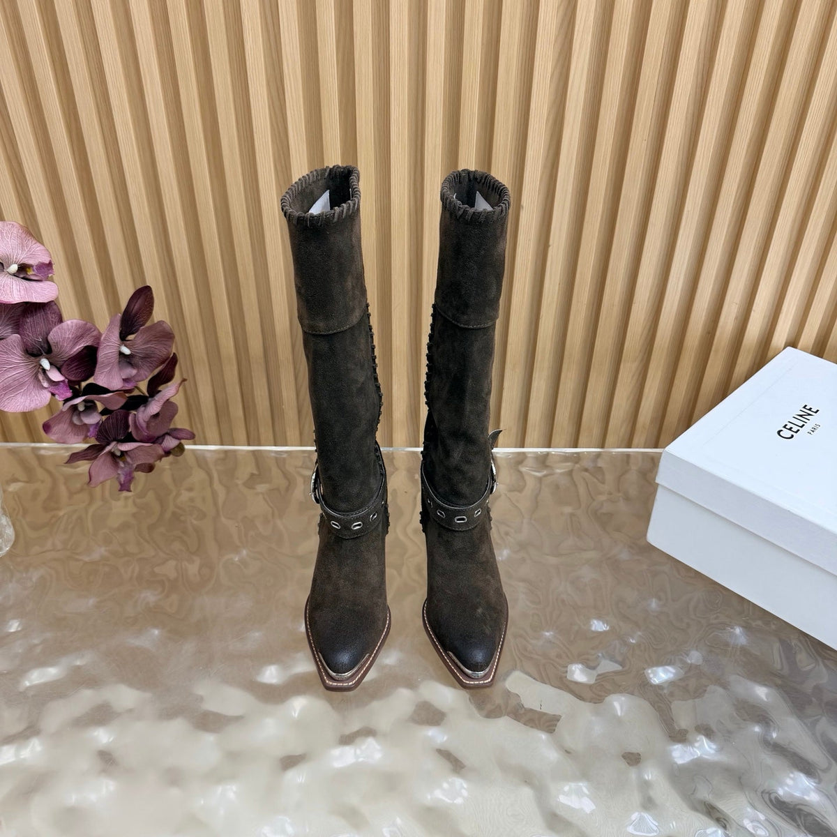 Celine 26s Western Knee-High Boots Coffee Suede 995405