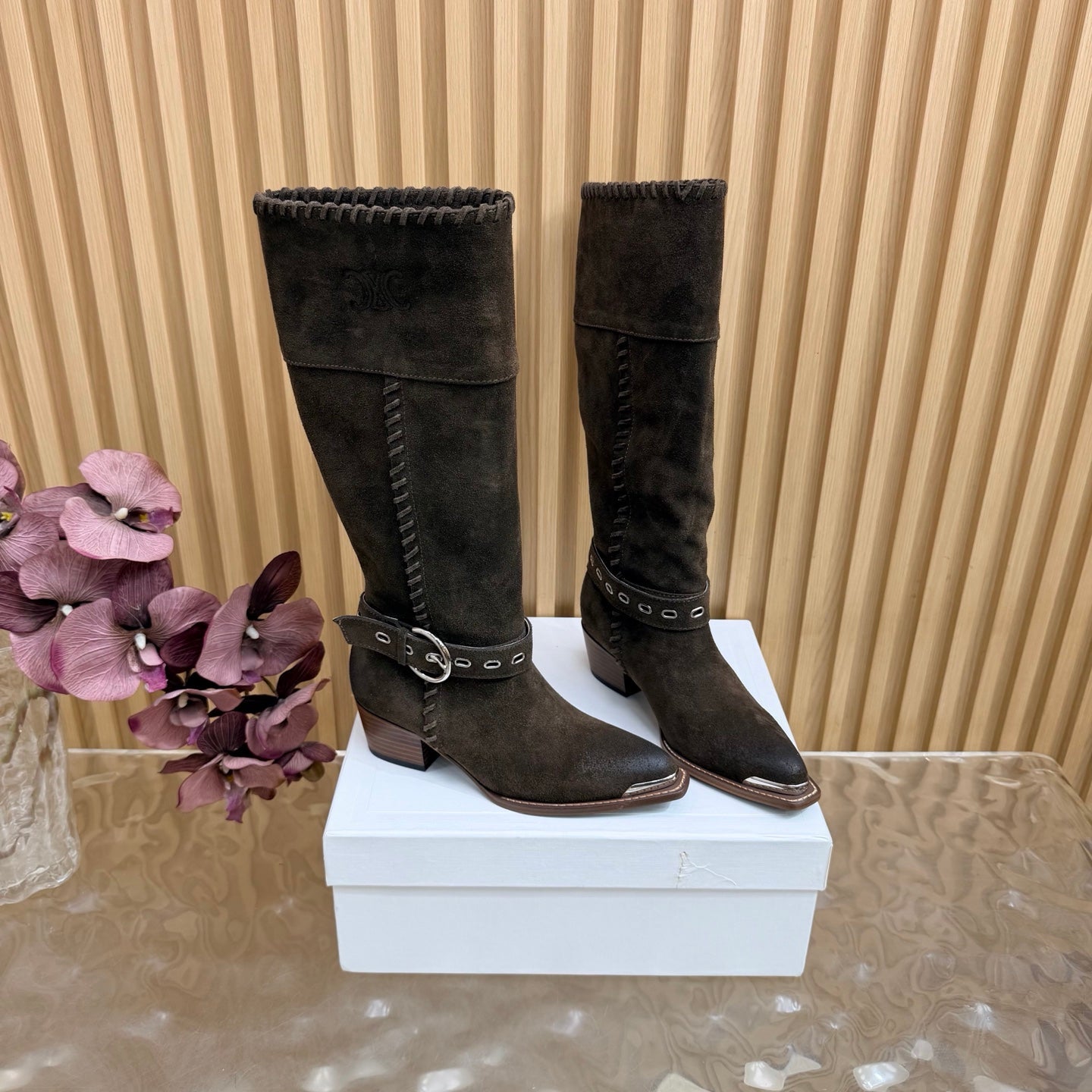 Celine 26s Western Knee-High Boots Coffee Suede 995405