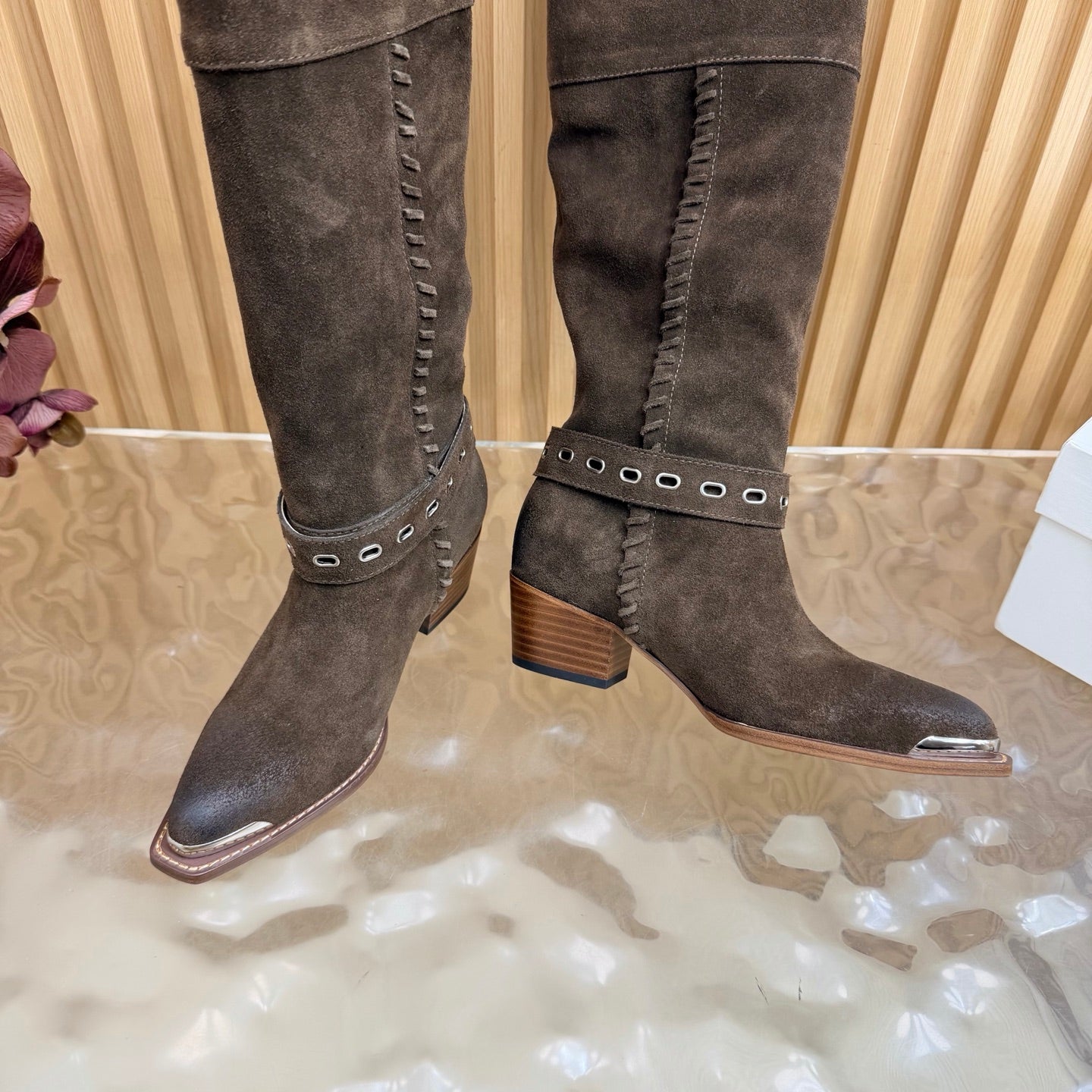 Celine 26s Western Knee-High Boots Coffee Suede 995405