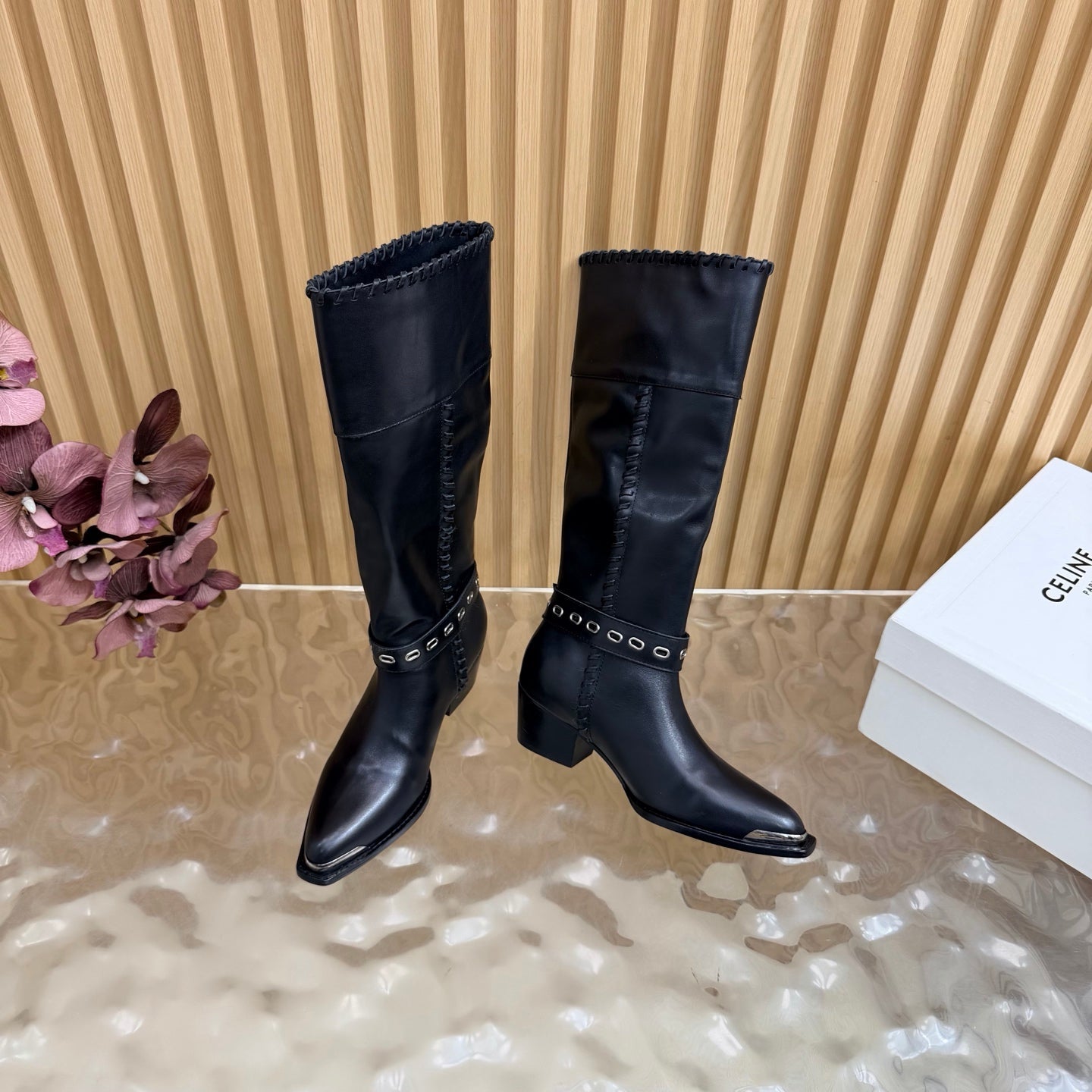 Celine 26s Western Knee-High Boots Black Leather 995406