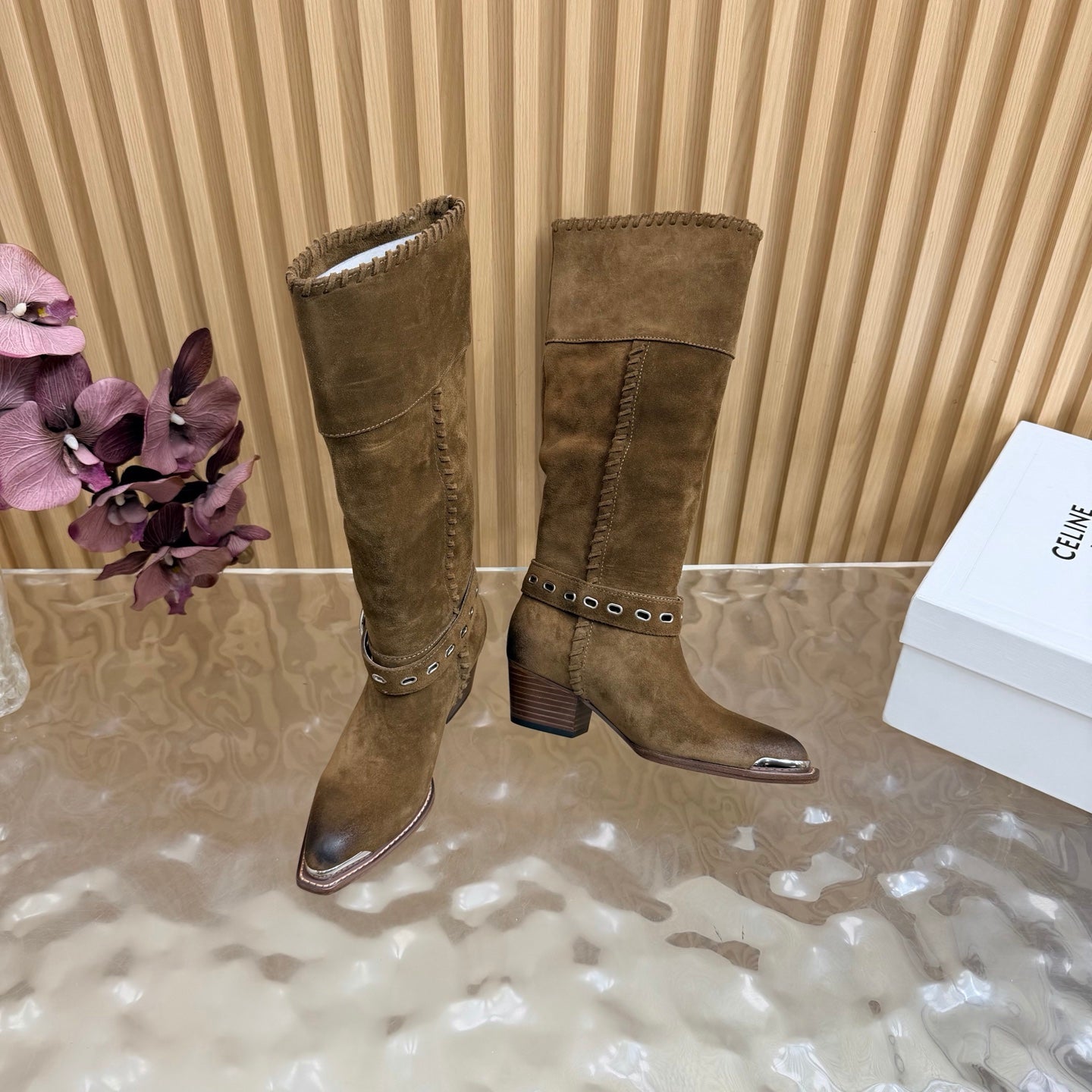 Celine 26s Western Knee-High Boots Brown Suede 995407