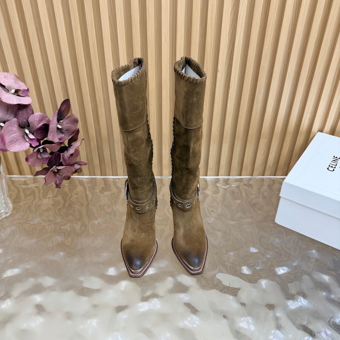 Celine 26s Western Knee-High Boots Brown Suede 995407