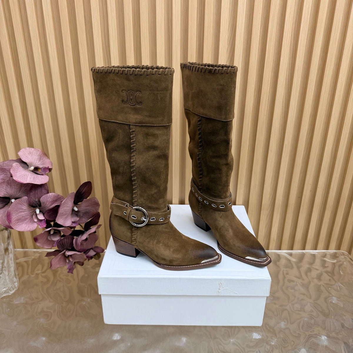 Celine 26s Western Knee-High Boots Brown Suede 995407
