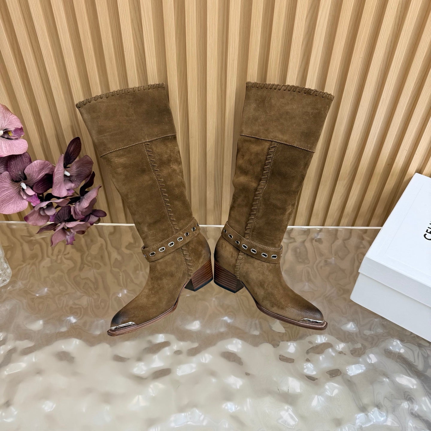 Celine 26s Western Knee-High Boots Brown Suede 995407