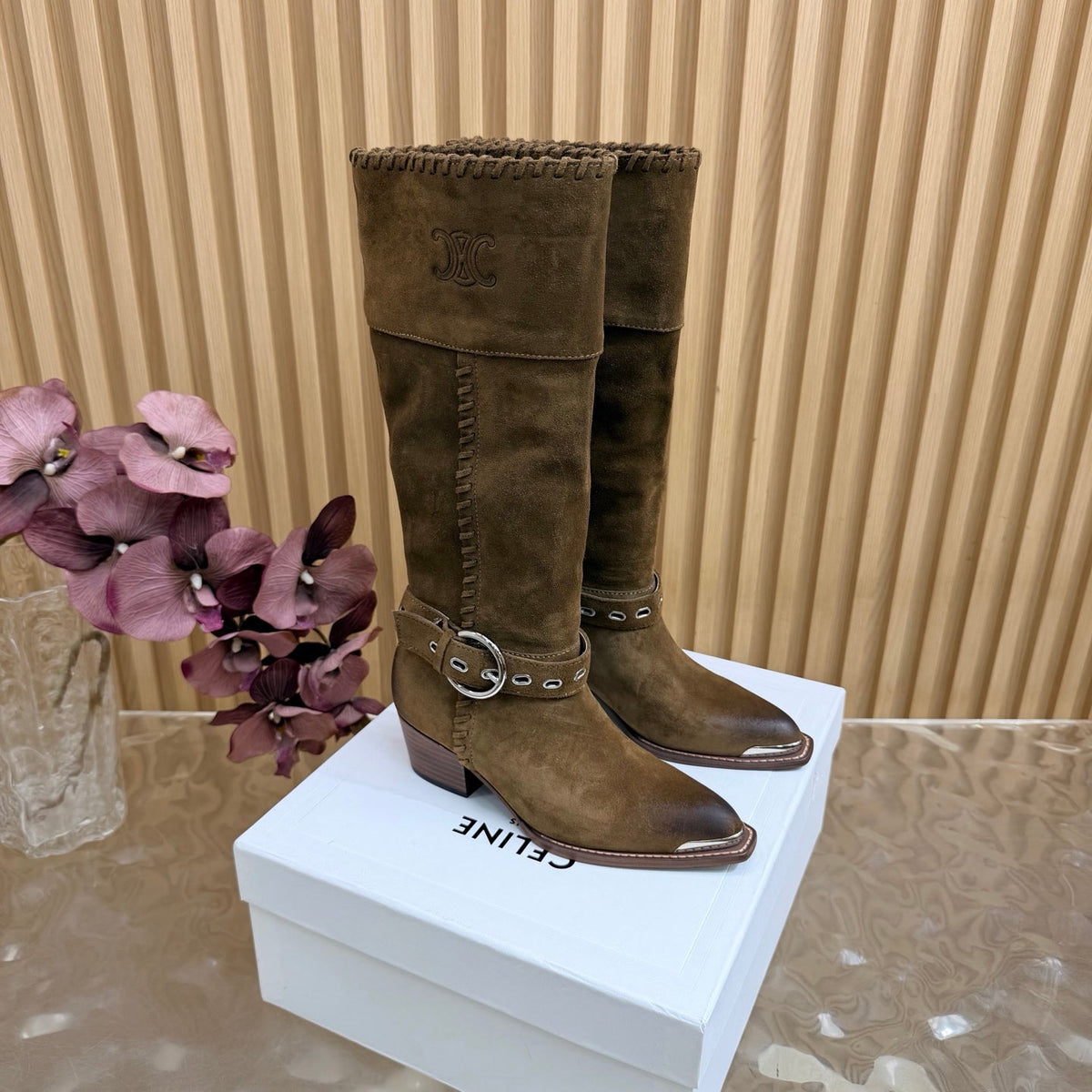 Celine 26s Western Knee-High Boots Brown Suede 995407