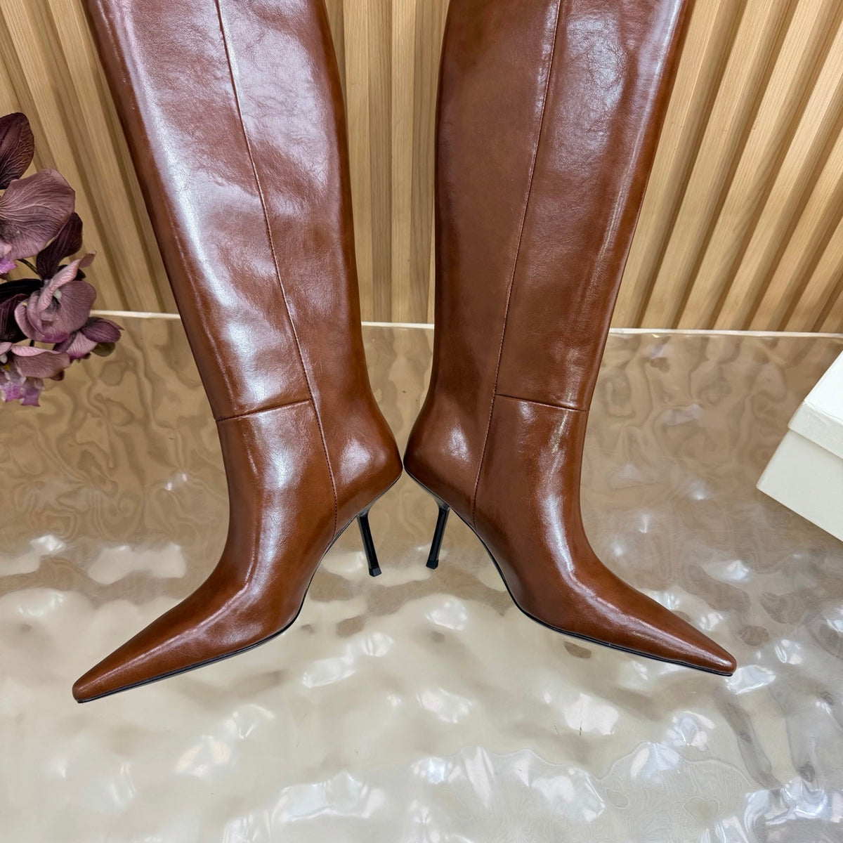 YSL 26s Pointed Toe Knee High Boots 8cm Brown Leather 122773