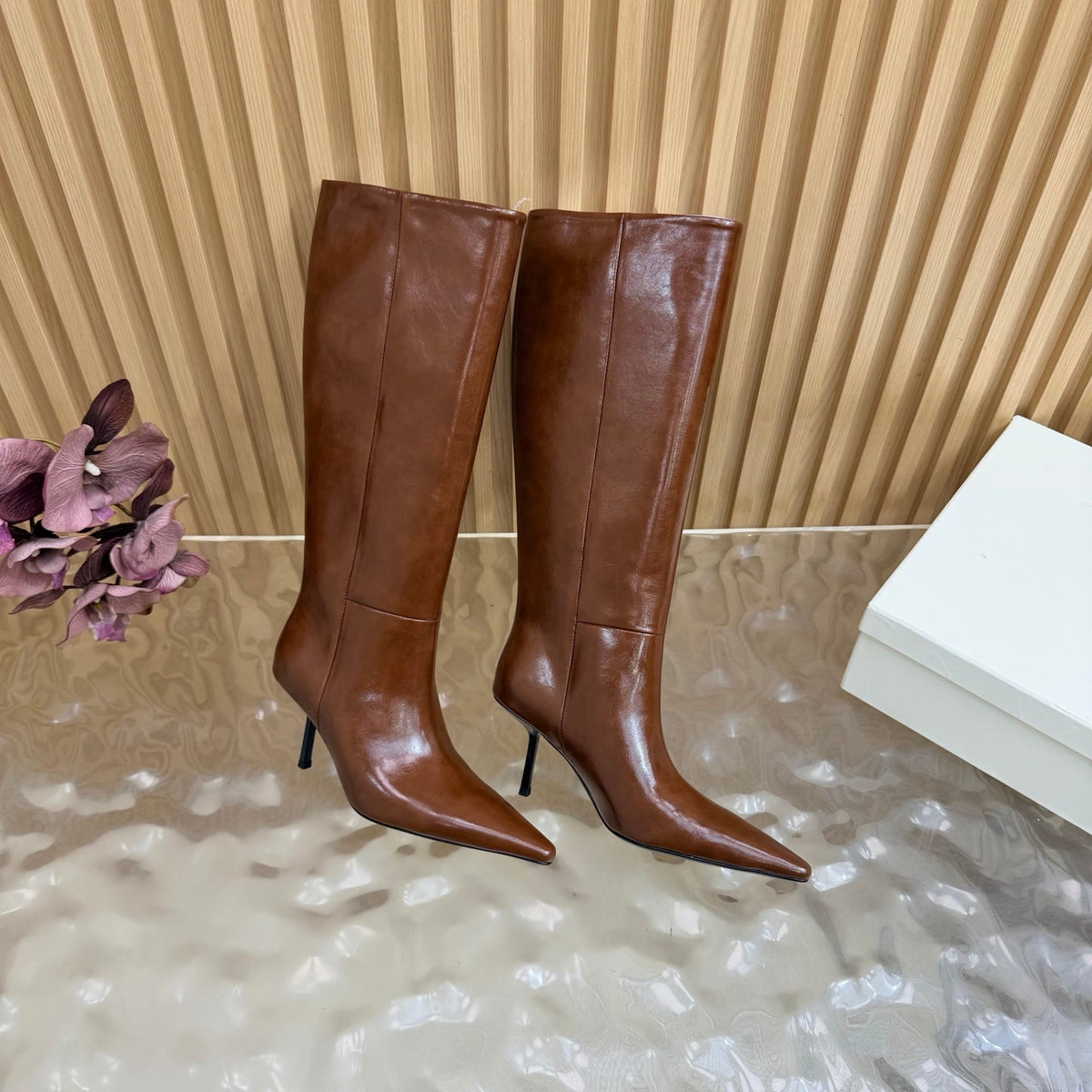 YSL 26s Pointed Toe Knee High Boots 8cm Brown Leather 122773