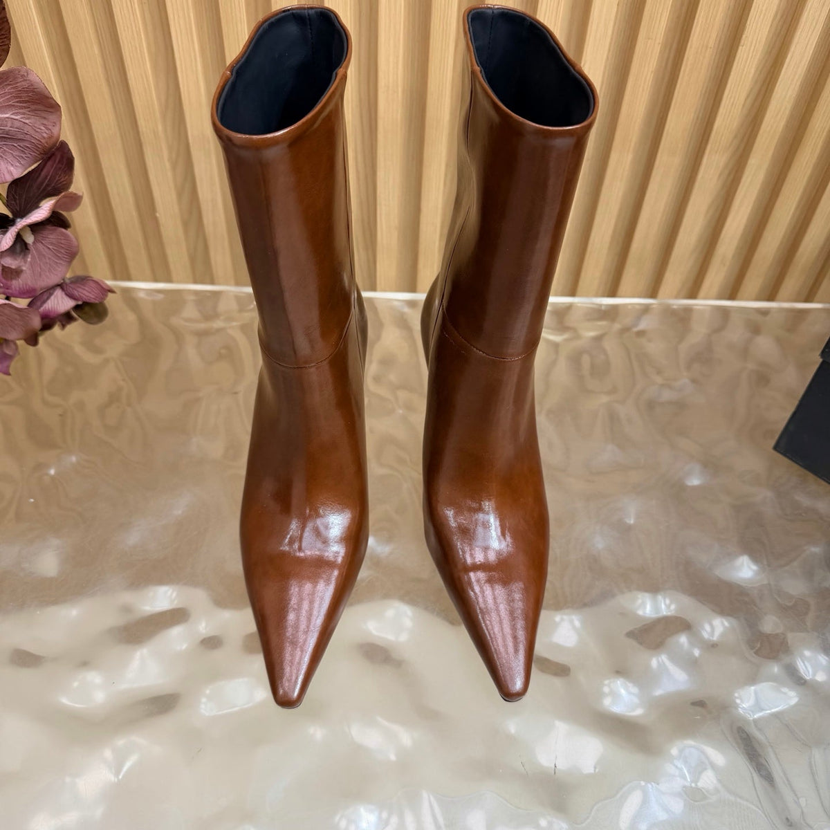 YSL 26s Pointed Toe Ankle Boots 8cm Brown Leather 122765