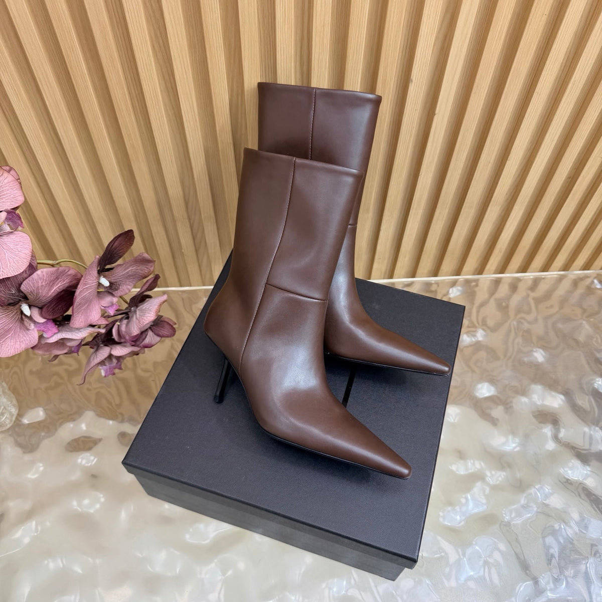 YSL 26s Pointed Toe Ankle Boots Dark Brown Leather 122788