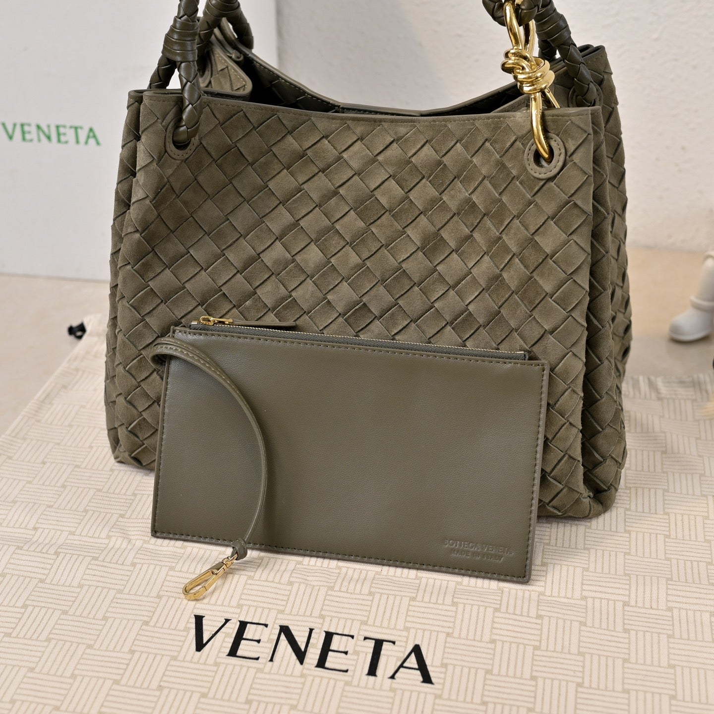 BV 26s Parachute Bag Olive Intrecciato Suede 291417