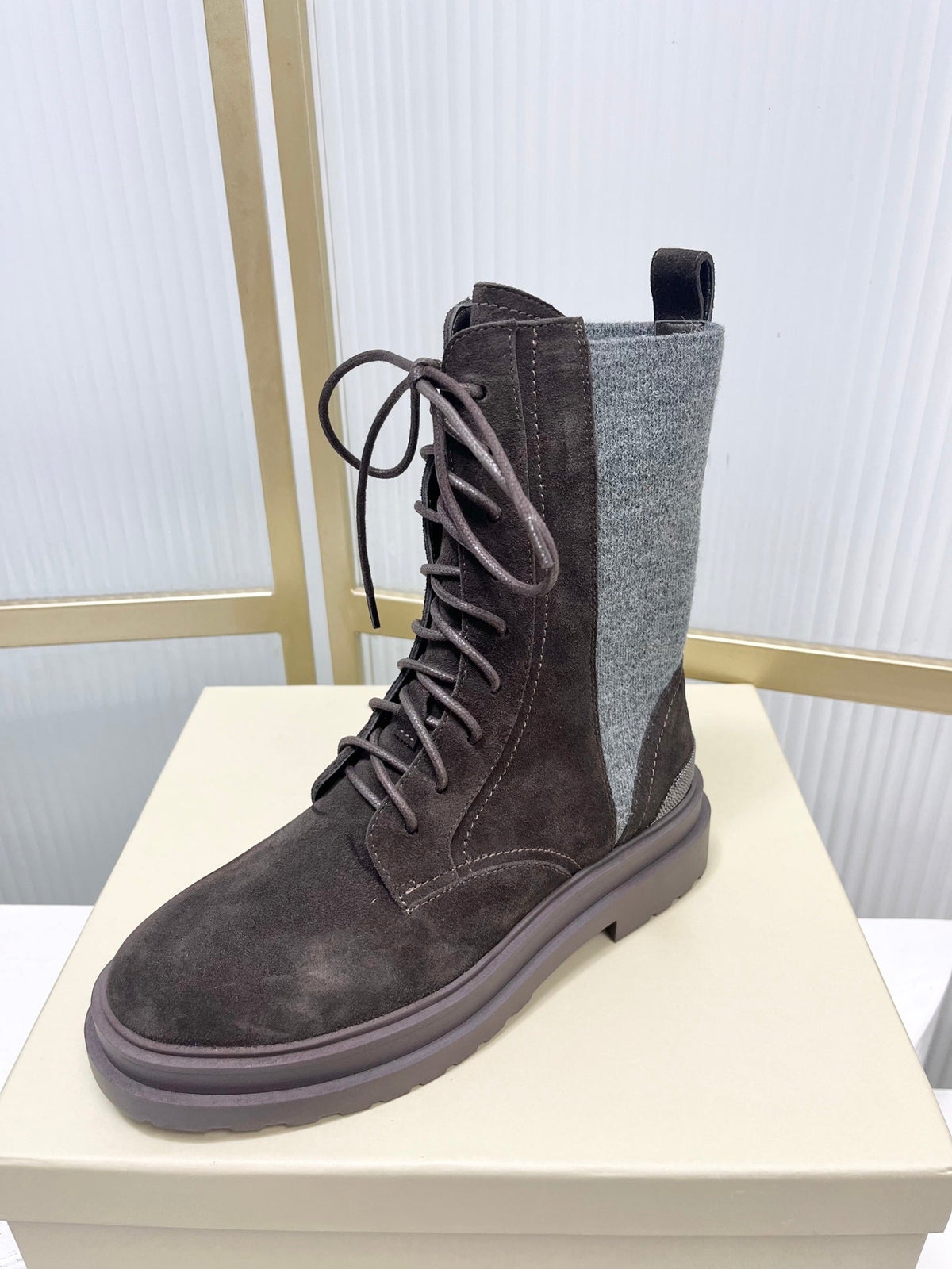 Brunello 26s Suede Boots 4cm Dark Brown Grey 187942