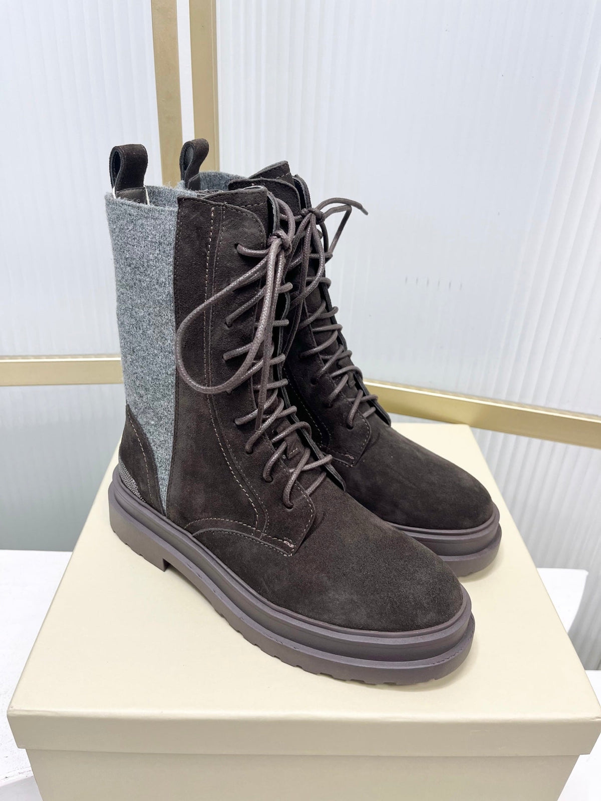 Brunello 26s Suede Boots 4cm Dark Brown Grey 187942