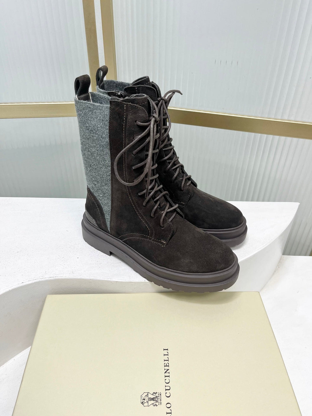 Brunello 26s Suede Boots 4cm Dark Brown Grey 187942