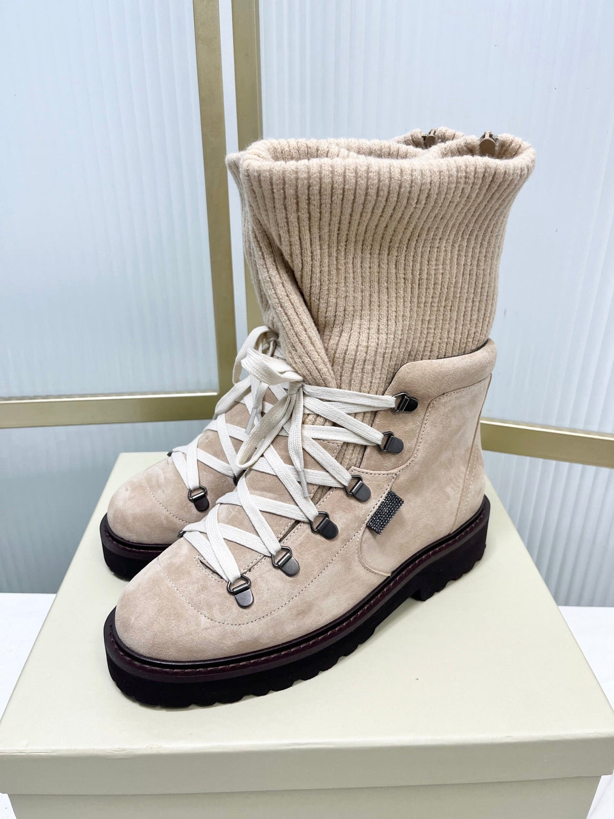 Brunello 26s Boots 4cm Apricot Knit Suede 187946