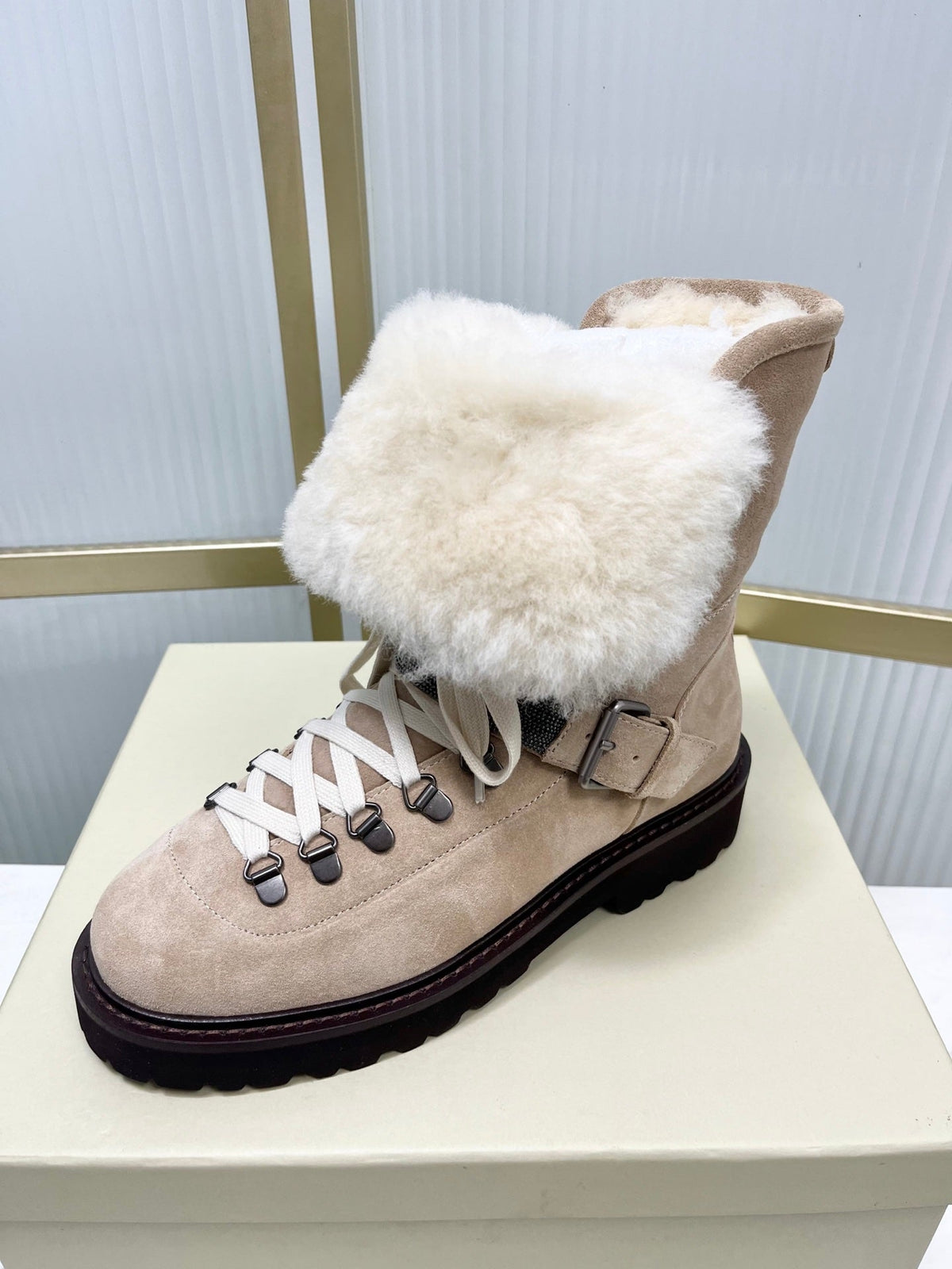 Brunello 26s Boots 4cm Apricot Shearling Suede 187950