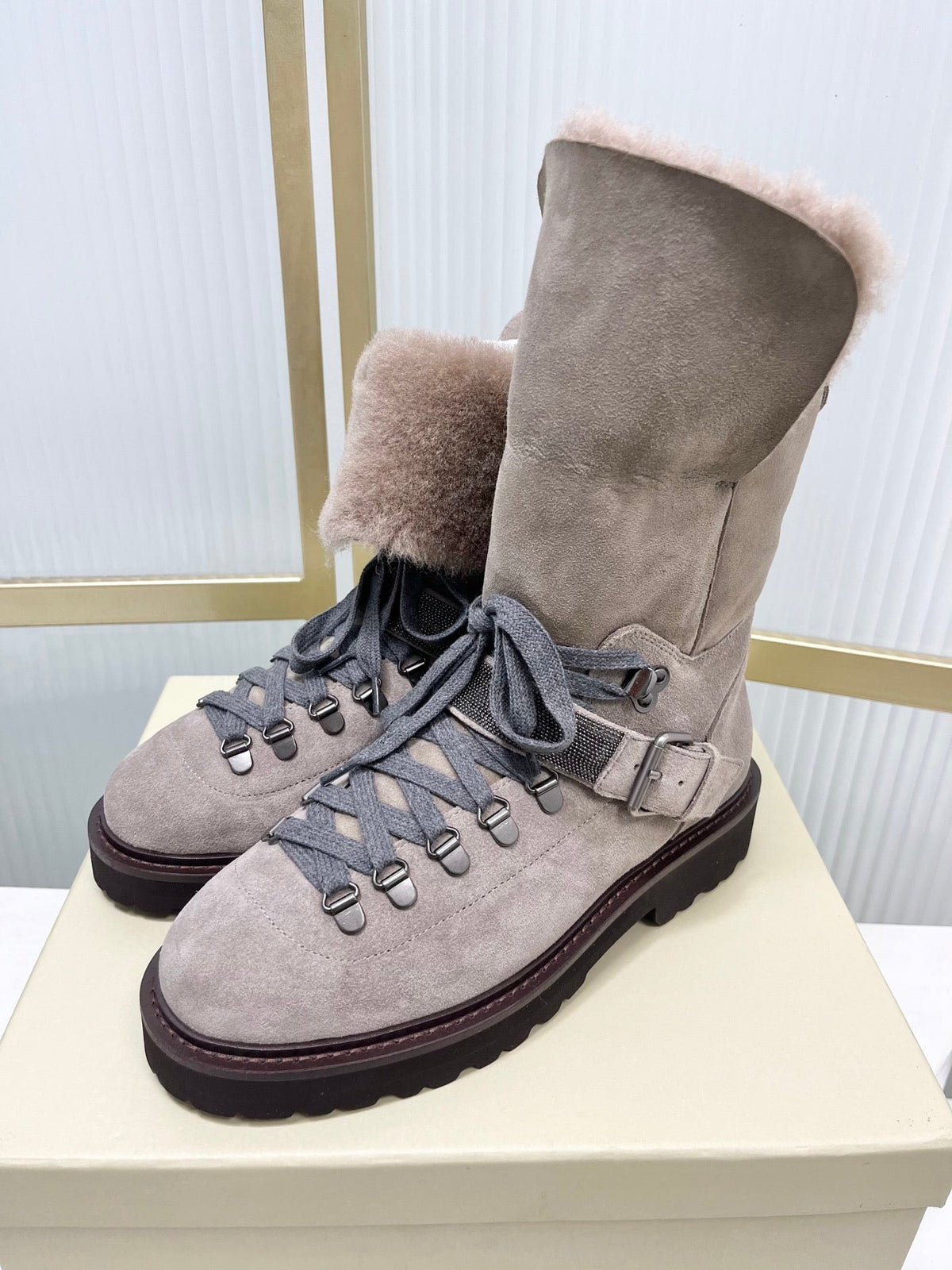Brunello 26s Boots 4cm Grey Shearling Suede 187951