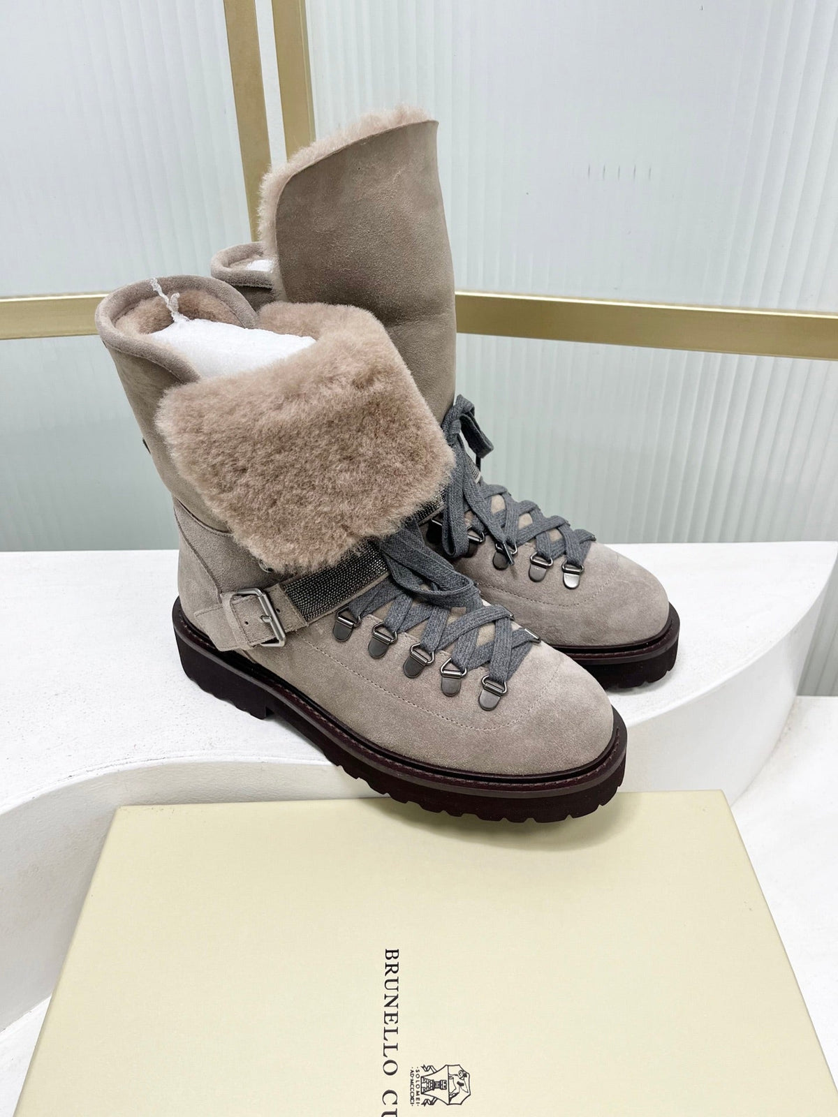 Brunello 26s Boots 4cm Grey Shearling Suede 187951