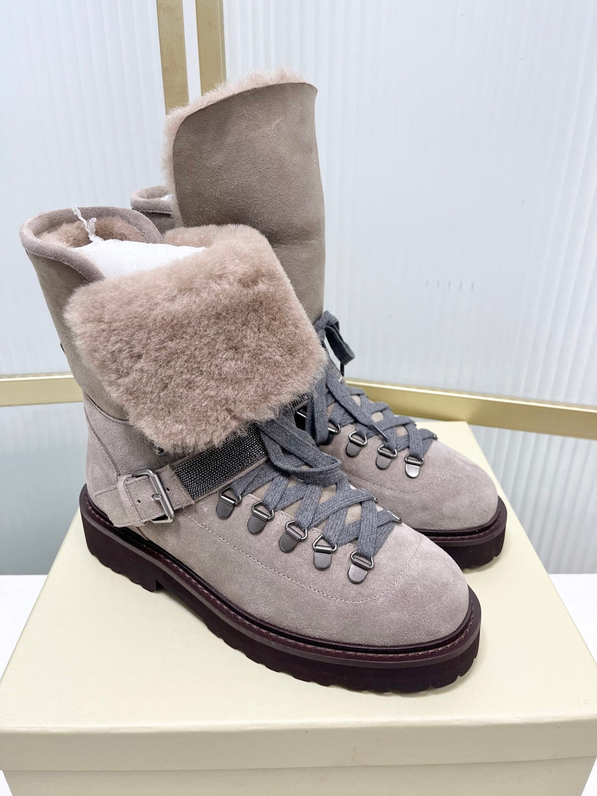 Brunello 26s Boots 4cm Grey Shearling Suede 187951