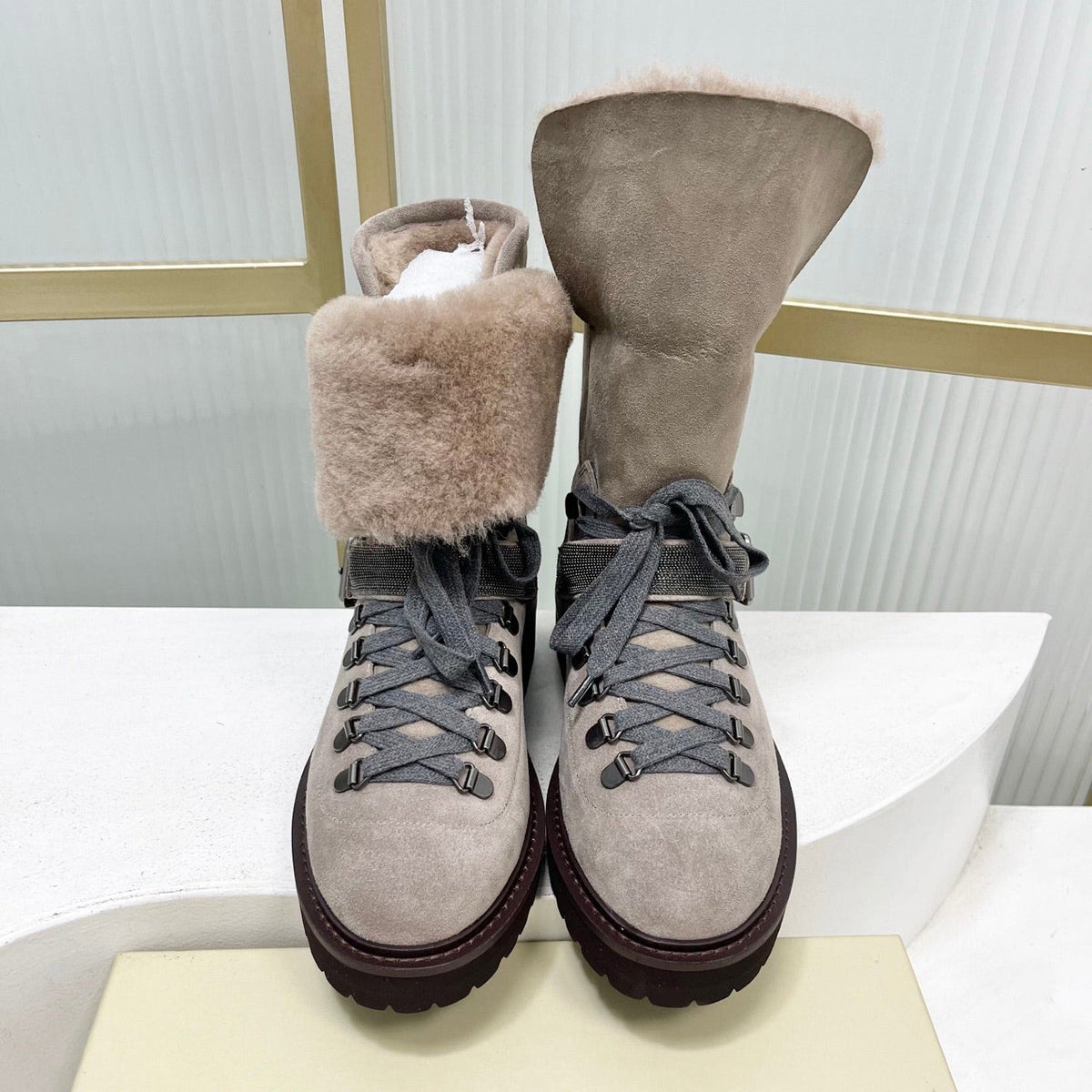 Brunello 26s Boots 4cm Grey Shearling Suede 187951