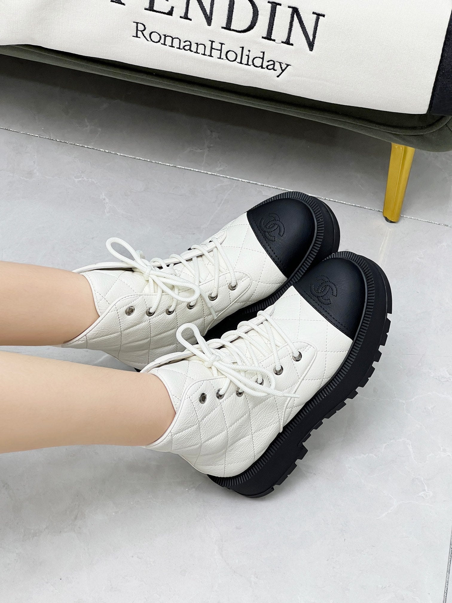 CC Combat Boots In White Mix Black Quilted Lambskin 944577