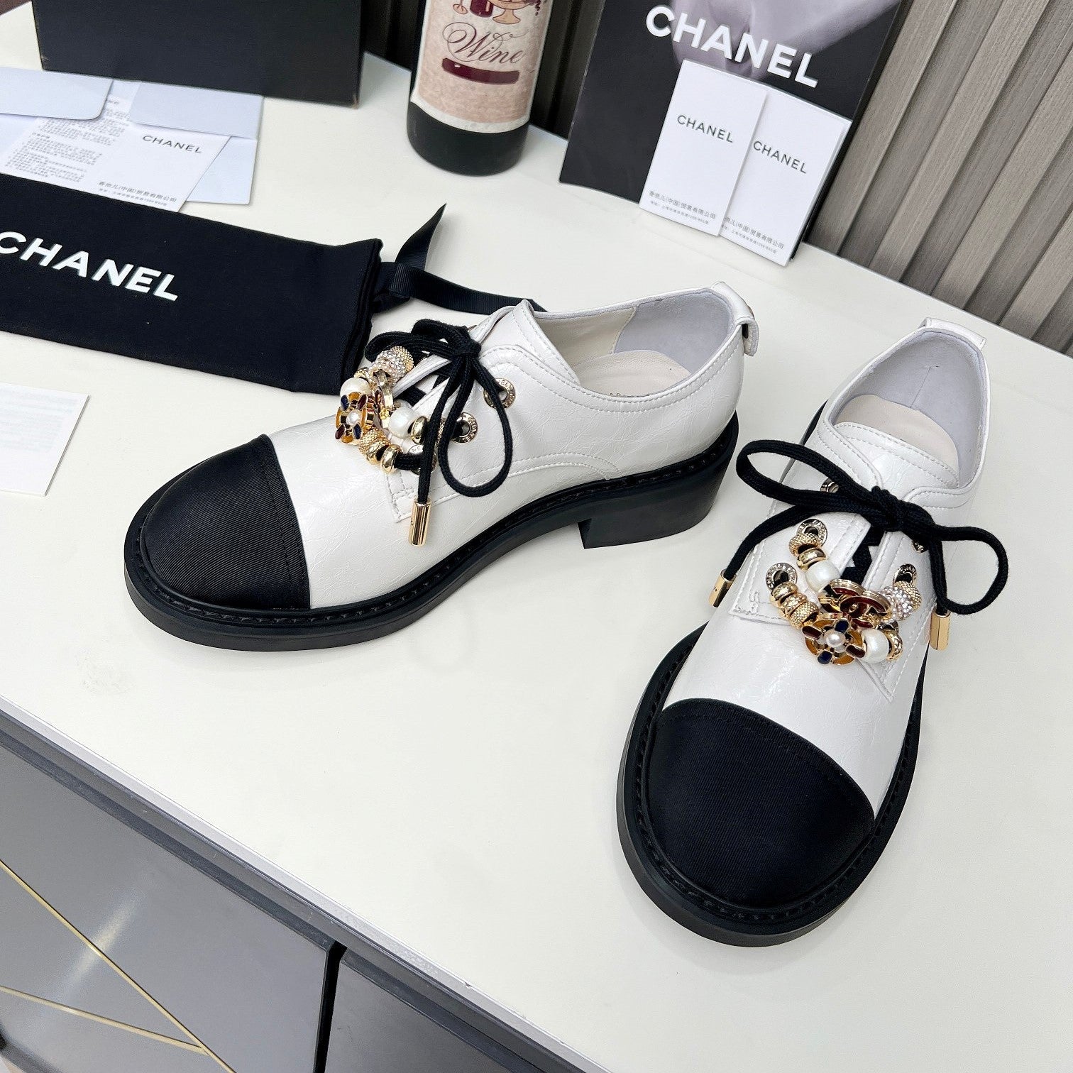 CC Flat Shoe Black White Shiny Aged Calfskin