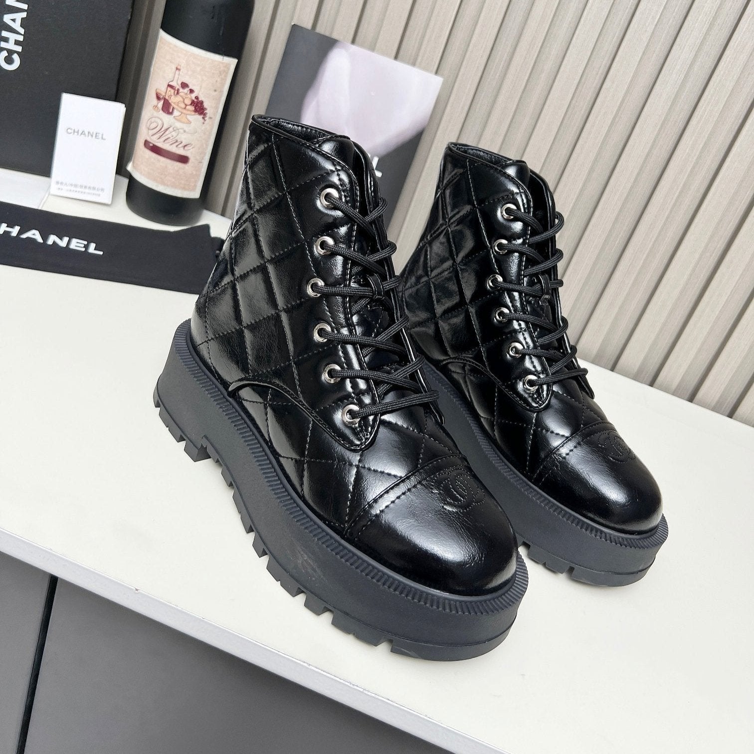 CC Combat Boots In Glossy Black Quilted Lambskin 944580