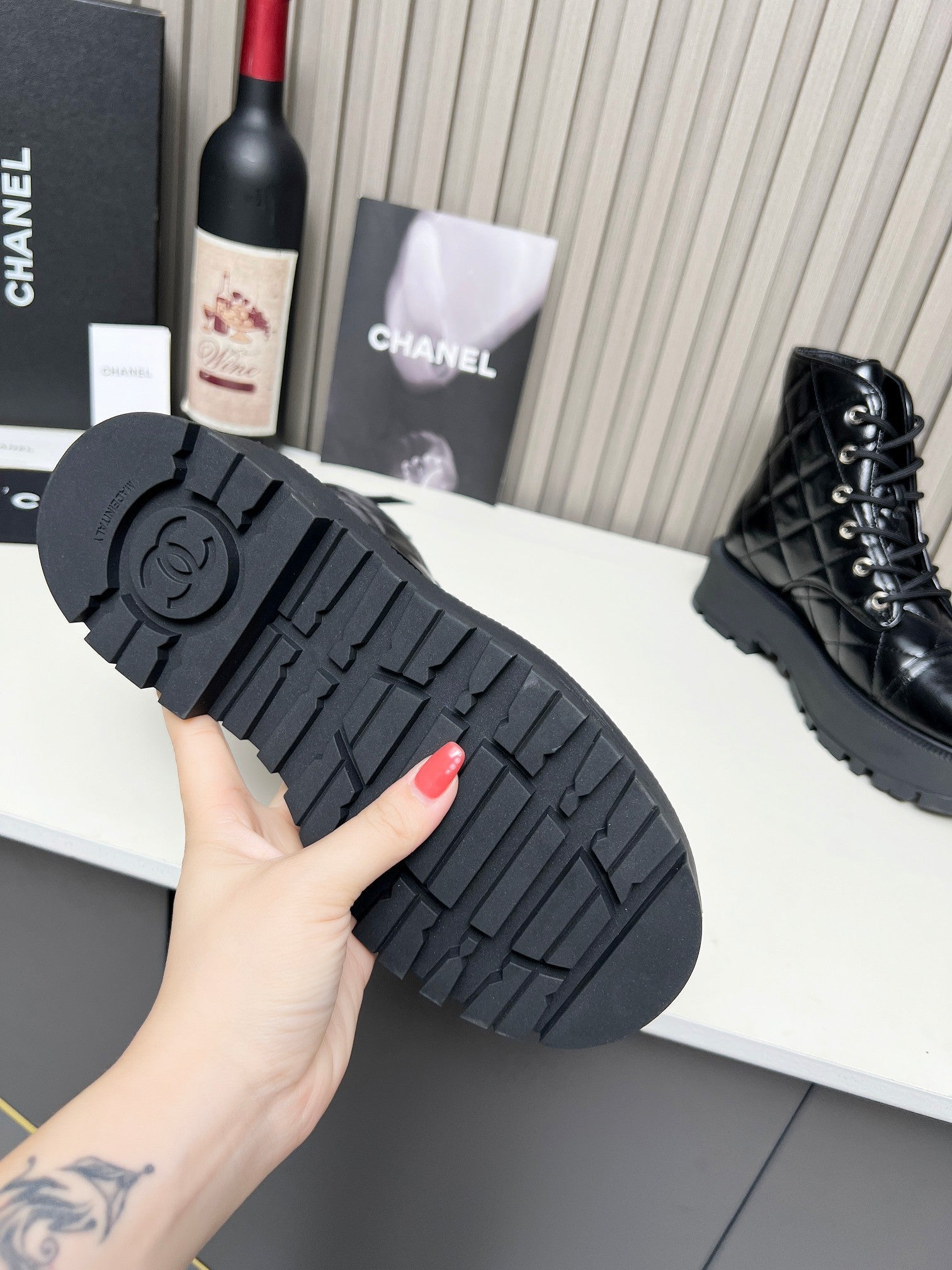 CC Combat Boots In Glossy Black Quilted Lambskin 944580