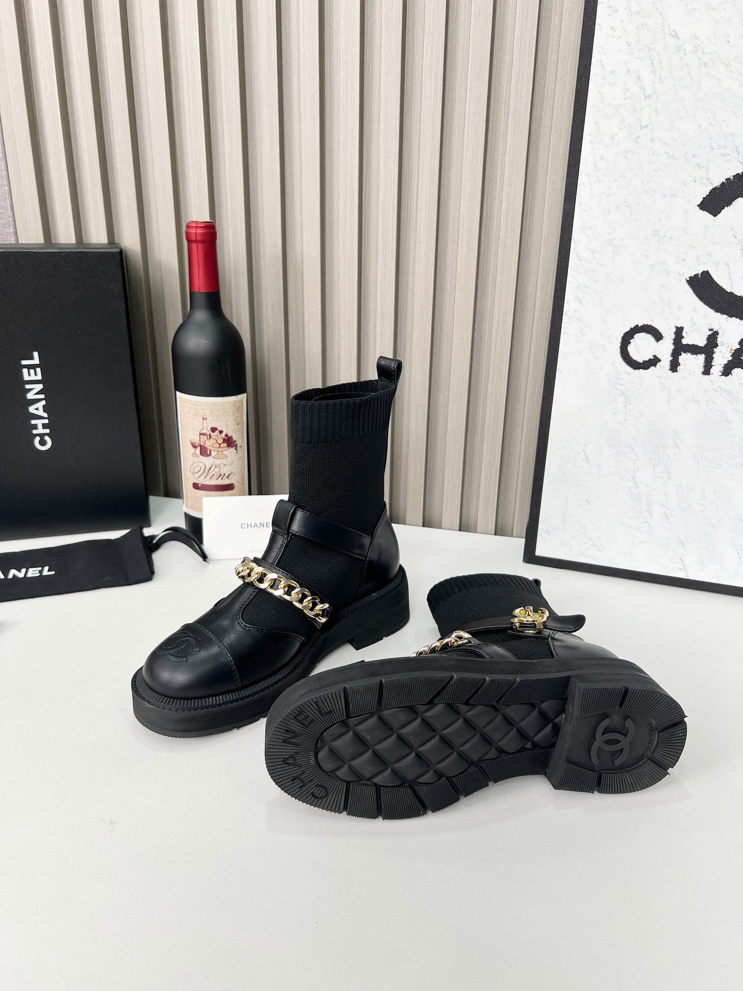 CC Paris Runway Ankle Boots Black Calfskin Wool 597917