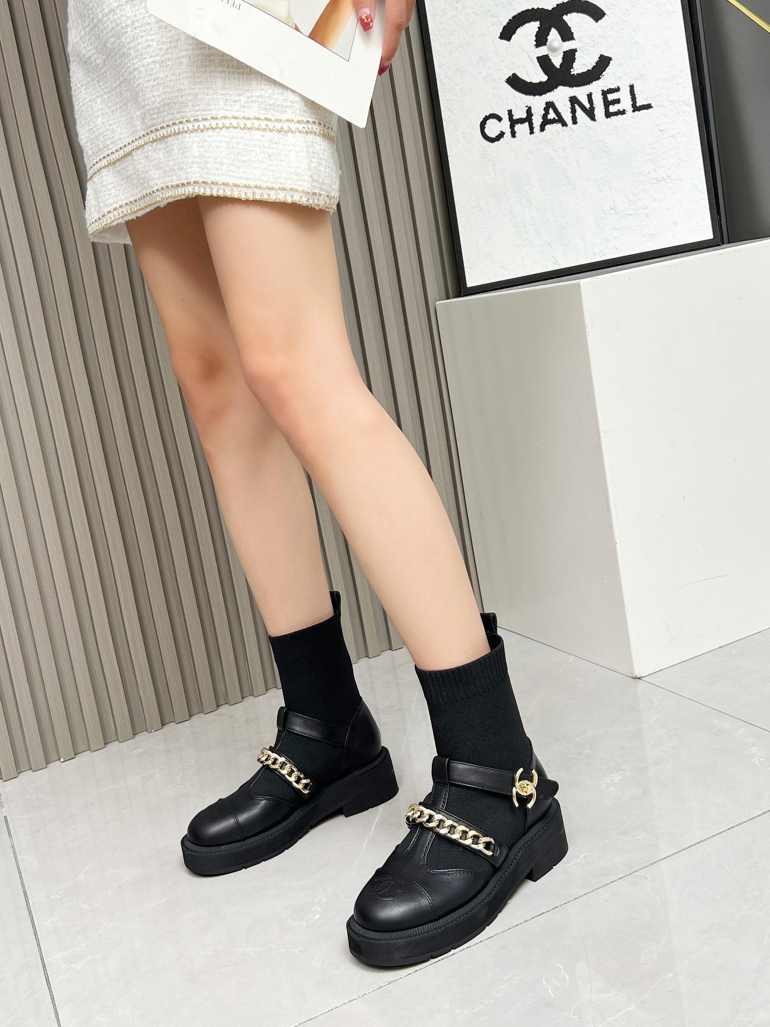 CC Paris Runway Ankle Boots Black Calfskin Wool 597917