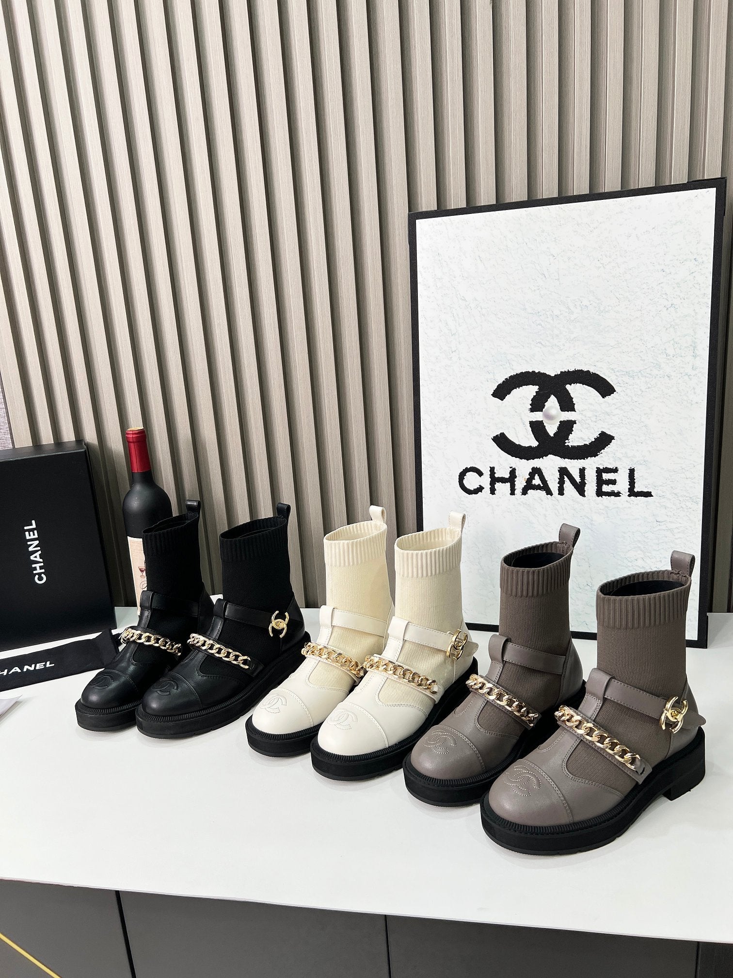 CC Paris Runway Ankle Boots Black Calfskin Wool 597917