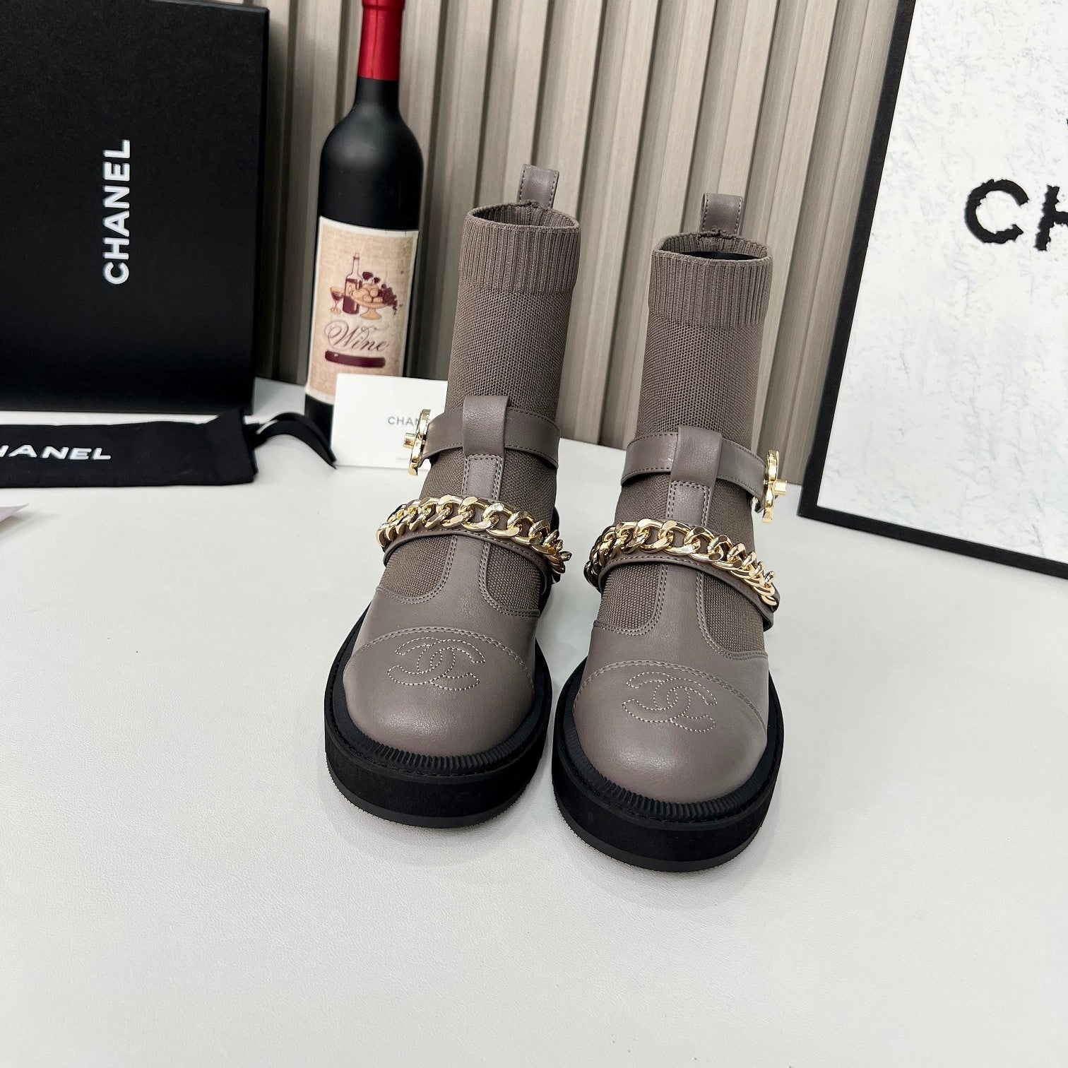 CC Paris Runway Ankle Boots Taupe Calfskin Wool 597919