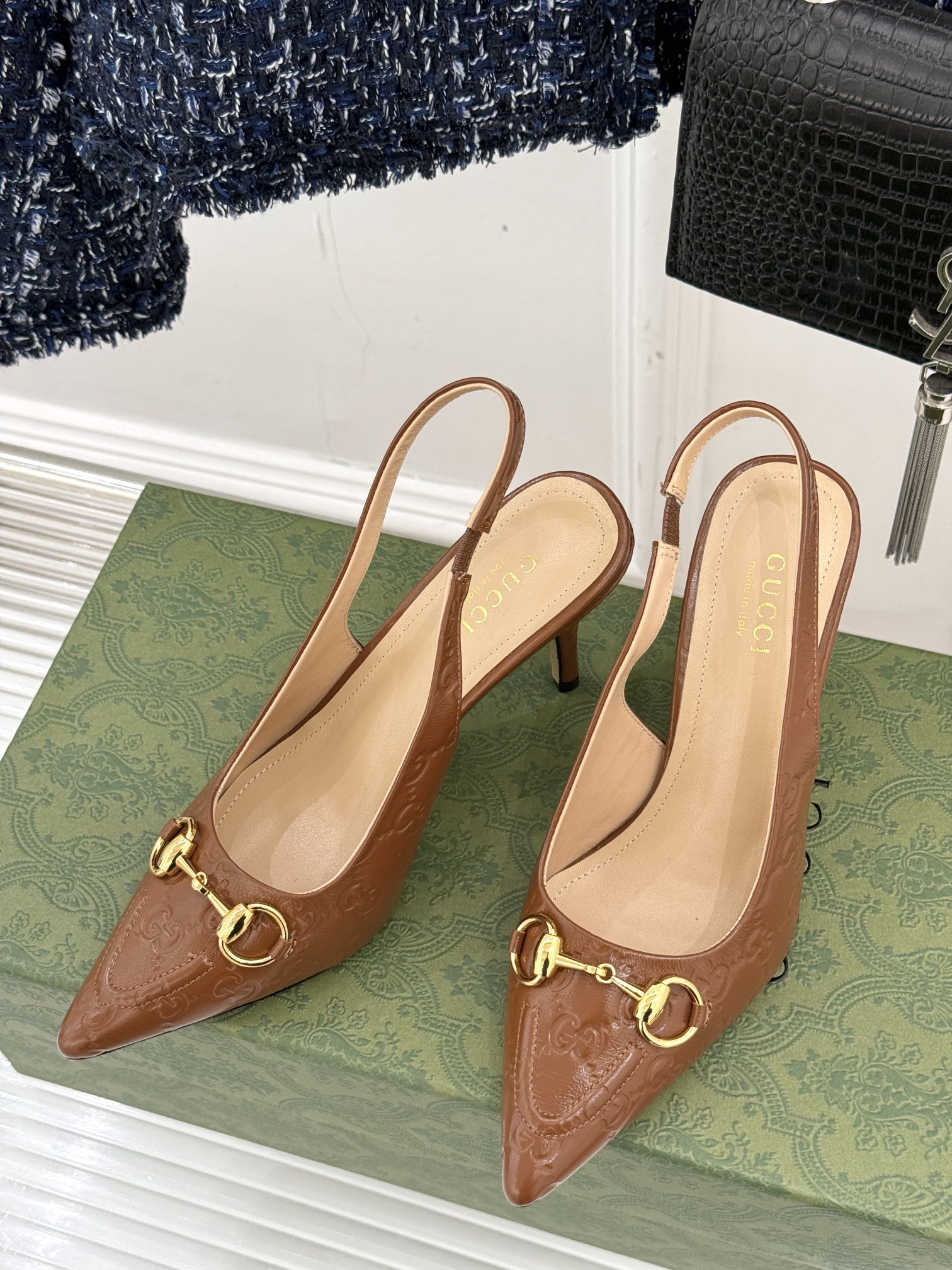 GG Horsebit Slingback 85MM Brown GG Leather Point Toe