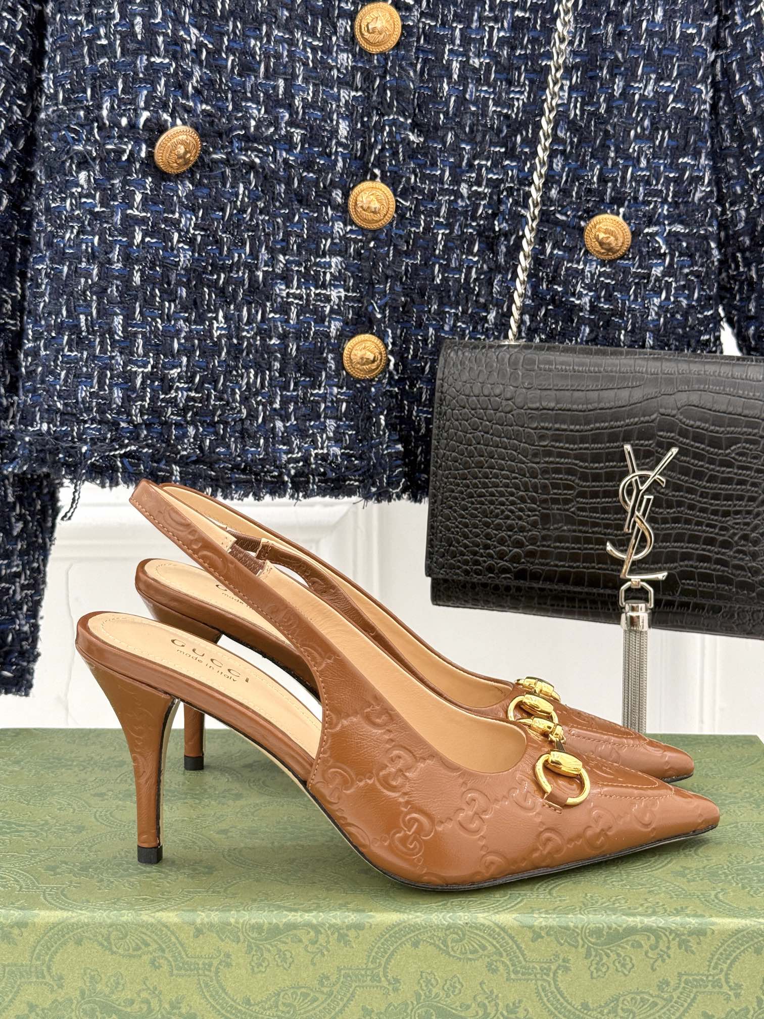 GG Horsebit Slingback 85MM Brown GG Leather Point Toe