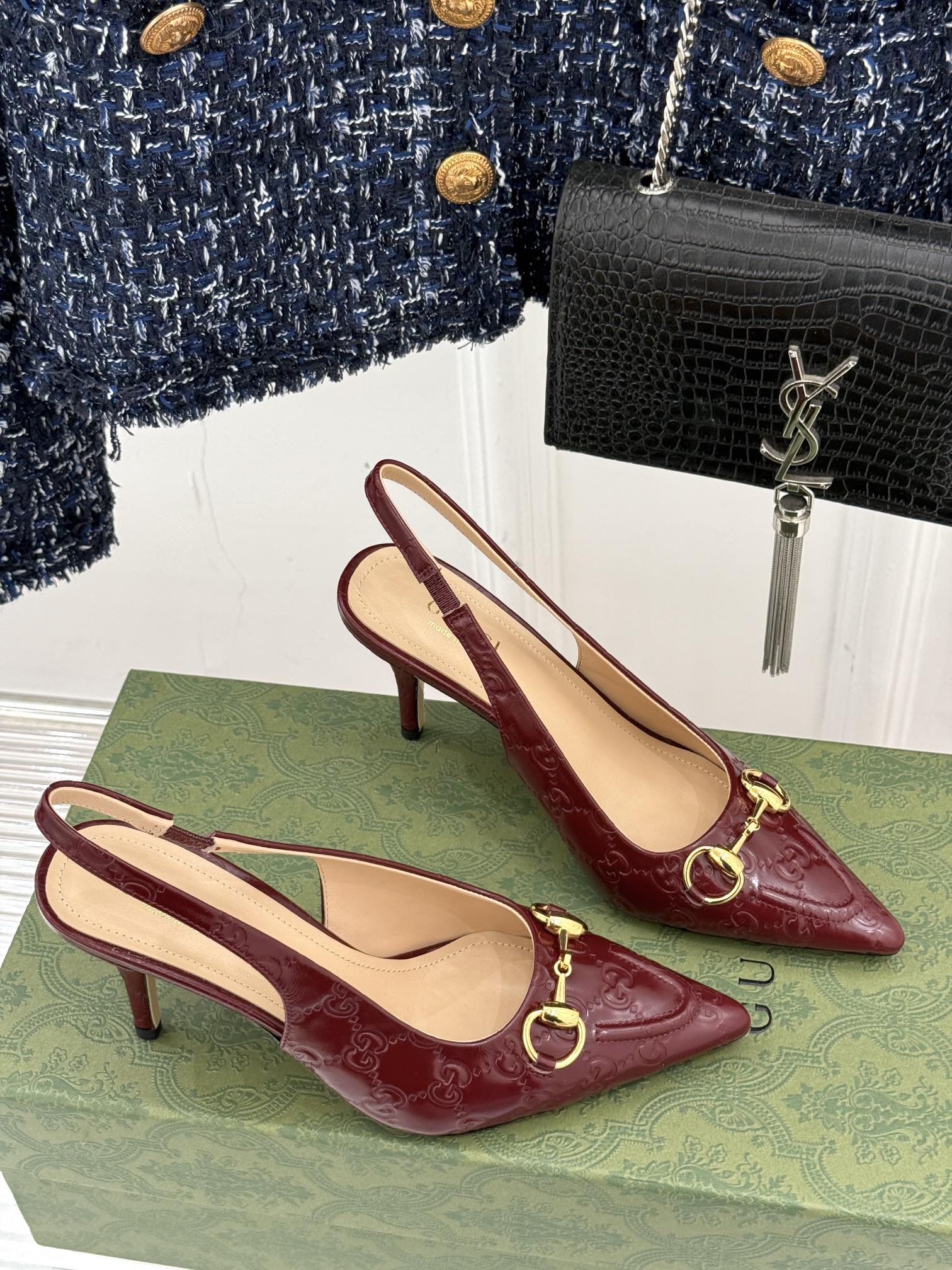 GG Horsebit Slingback 100MM Burgundy GG Leather Point Toe