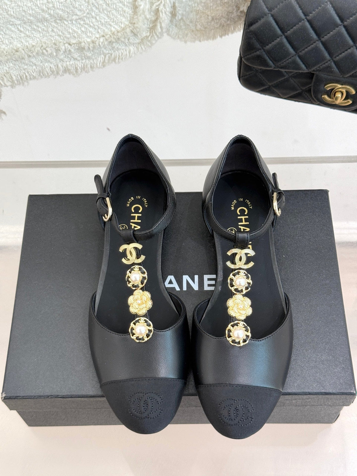 Chanel 26s Camellia T-Strap Cap Toe Flat Sandals Black 153408